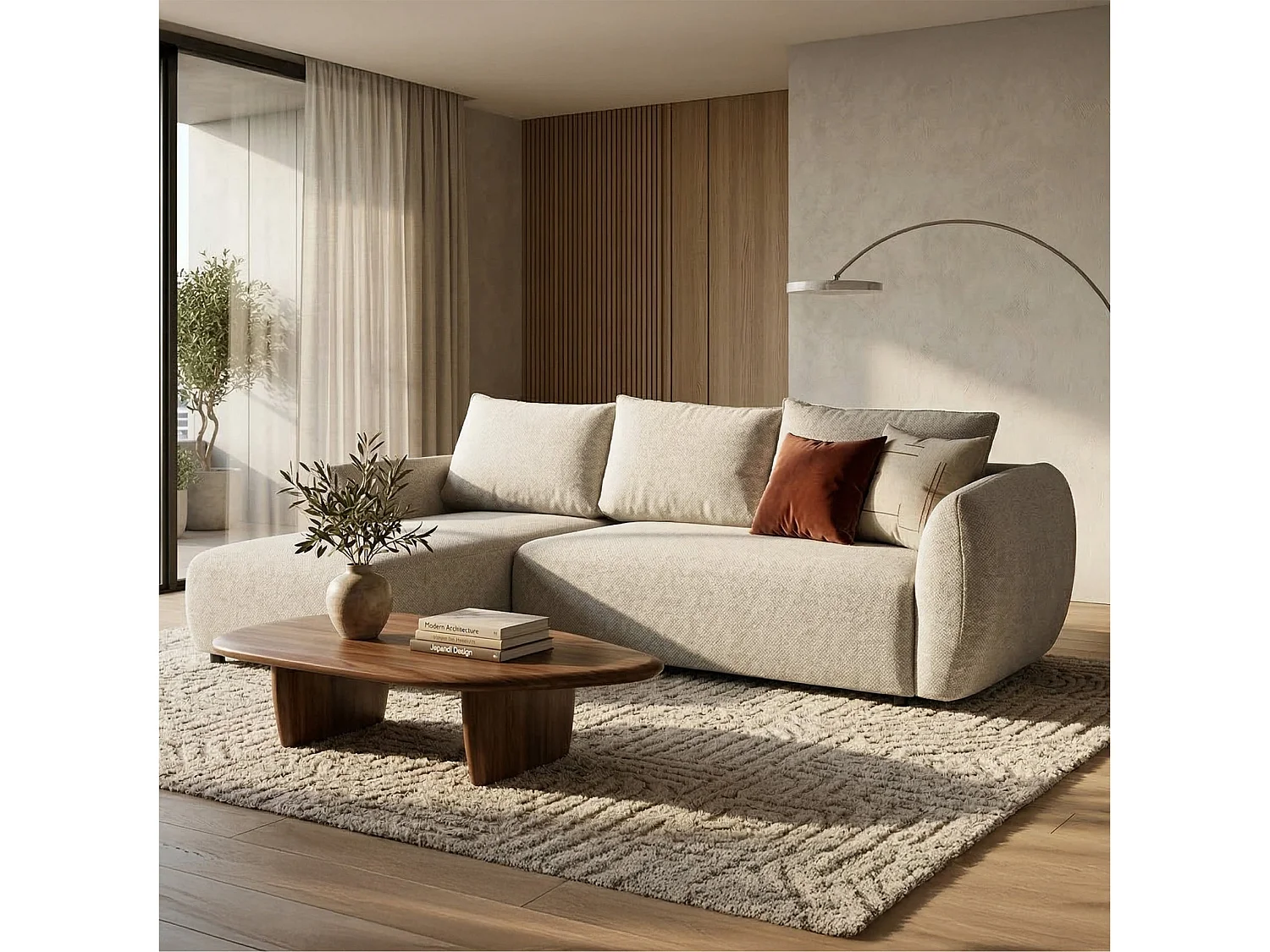 Canapé d'angle convertible en L - chenille beige clair - avec deux coffres - ZORDO gaucher
