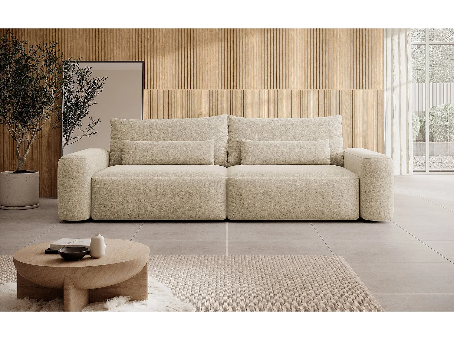 Canapé convertible 3 places - chenille hydrophobe beige - pieds noirs - CARNOS