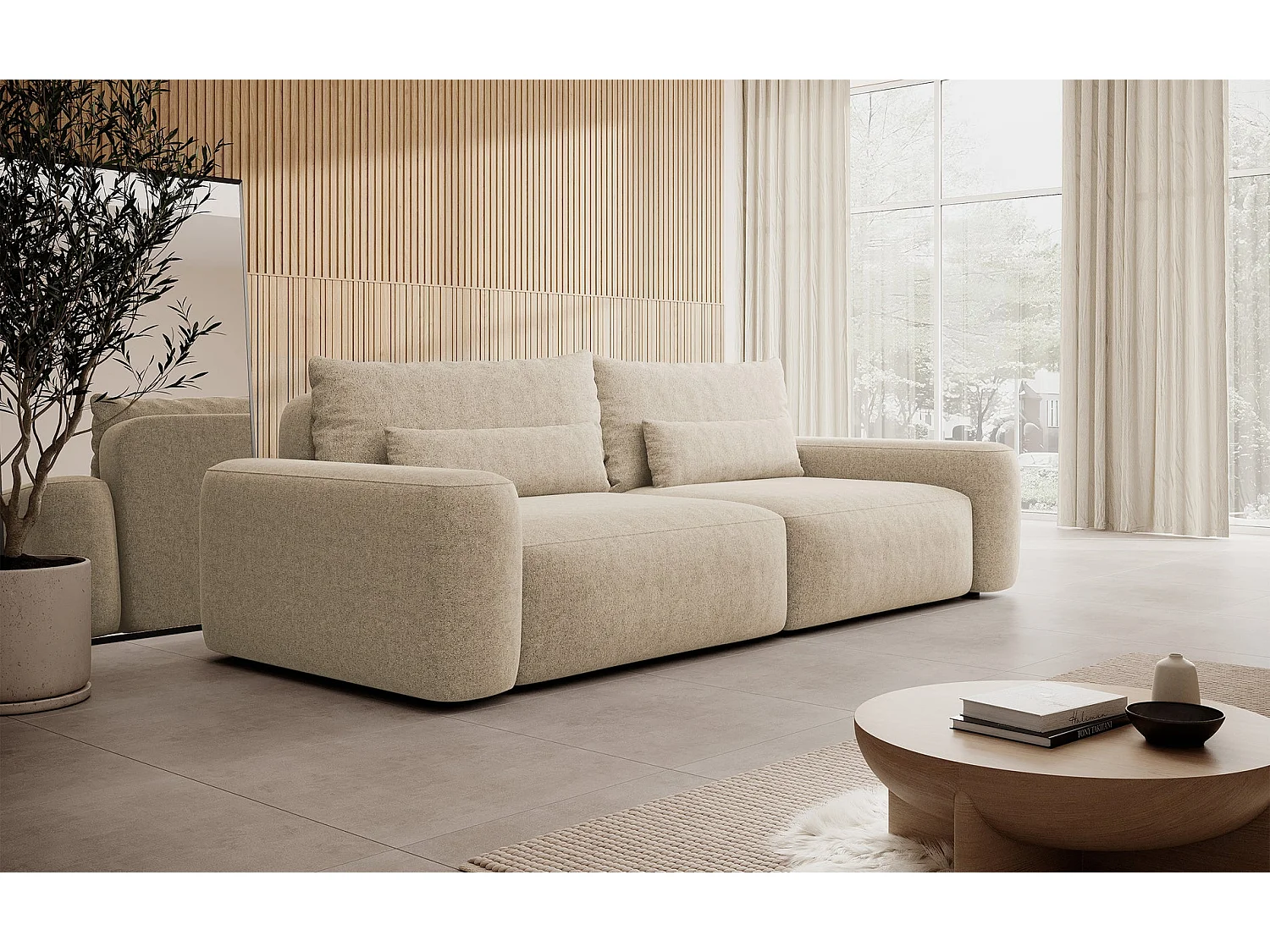 Canapé convertible 3 places - chenille hydrophobe beige - pieds noirs - CARNOS