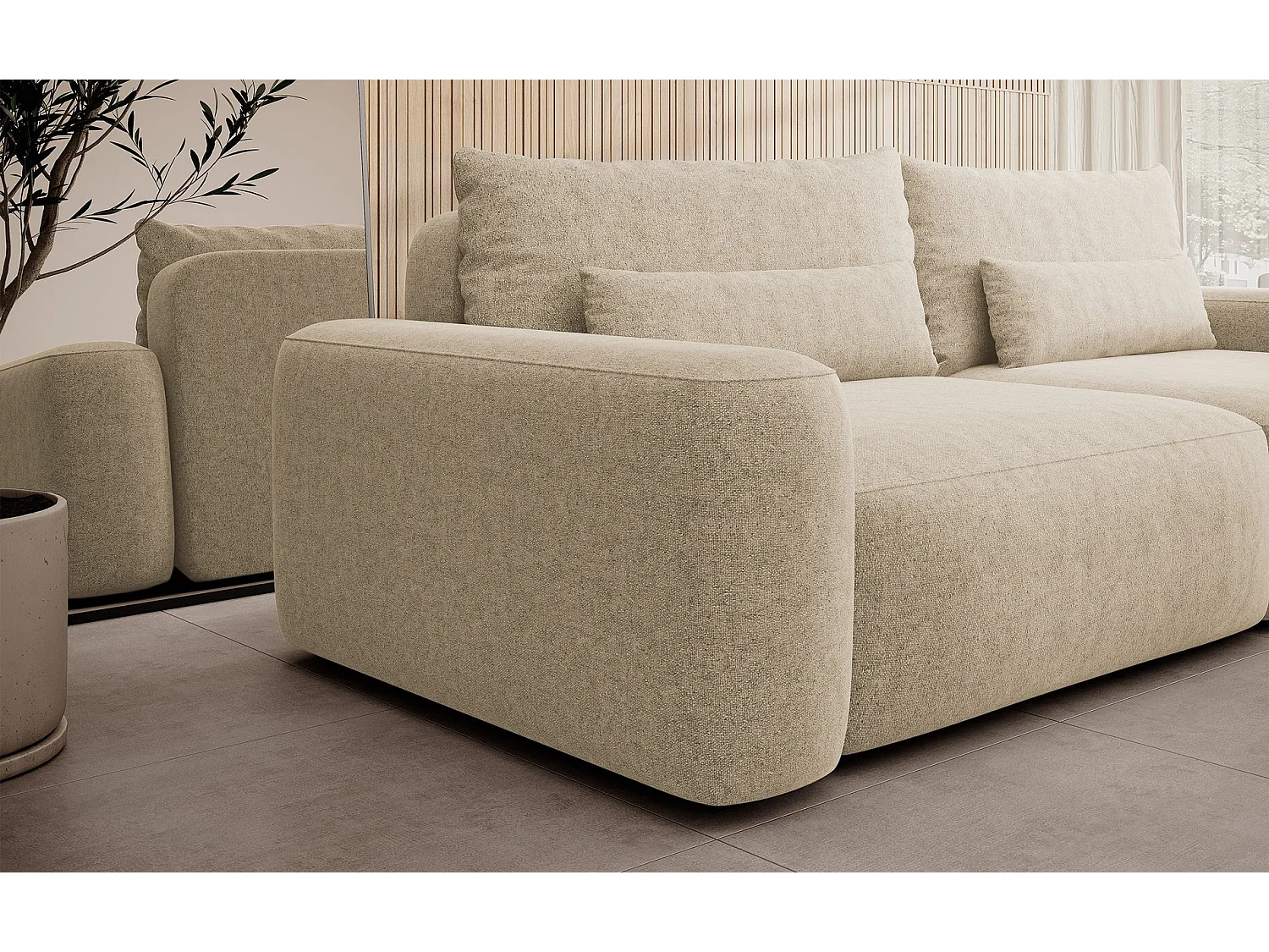 Canapé convertible 3 places - chenille hydrophobe beige - pieds noirs - CARNOS