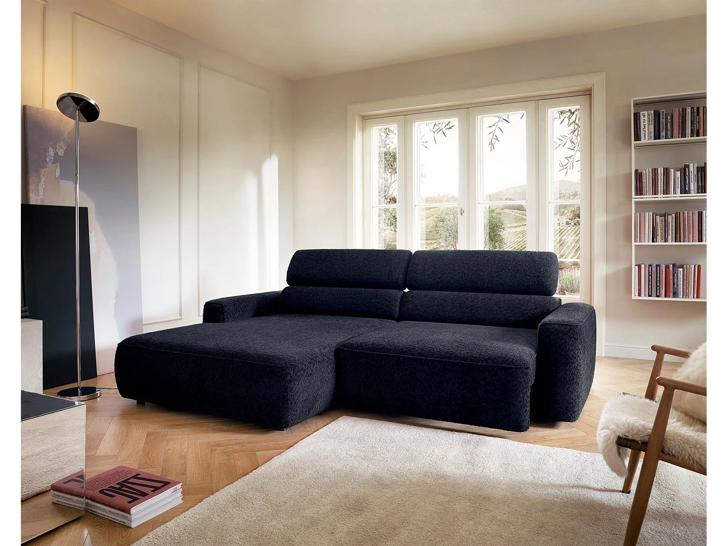 Canapé d’angle avec assise électrique – angle gauche – Bleu marine – Chenille – FANDO