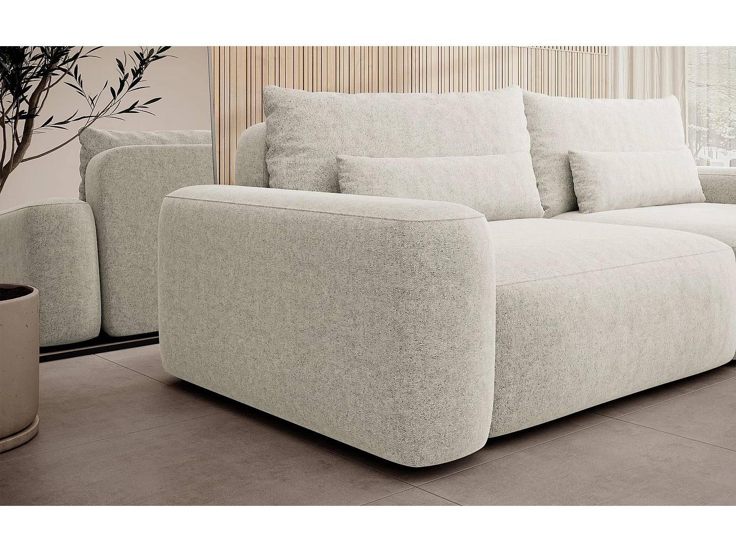 Canapé convertible 3 places - chenille hydrophobe crème - pieds noirs - CARNOS