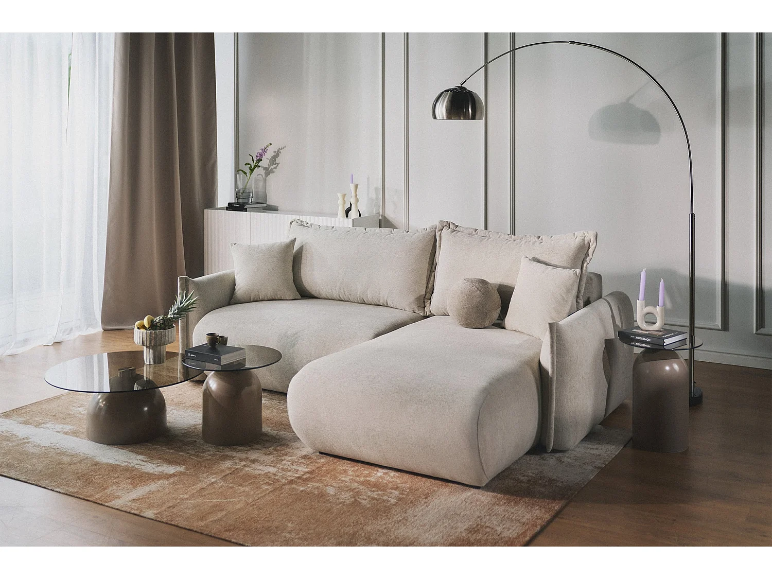 Canapé d'angle convertible – Angle à droite – chenille beige clair – CUSHI