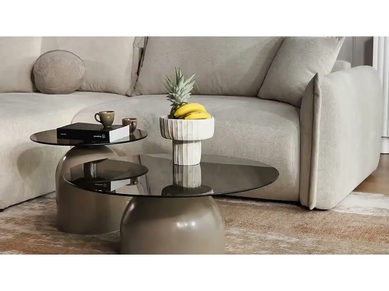 Ecksofa mit Schlaffunktion – Ottomane rechts – Hellbeige-Chenille – CUSHI