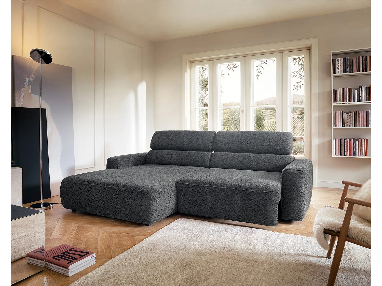 Canapé d’angle avec assise électrique – angle gauche – Gris foncé – Chenille – FANDO
