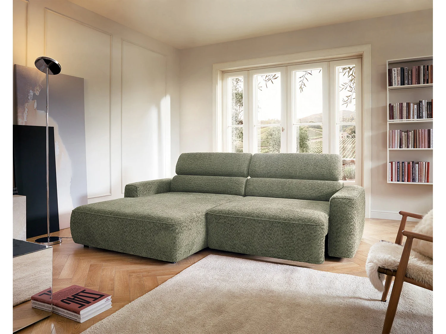 Canapé d’angle avec assise électrique – angle gauche – Vert sauge – Chenille – FANDO