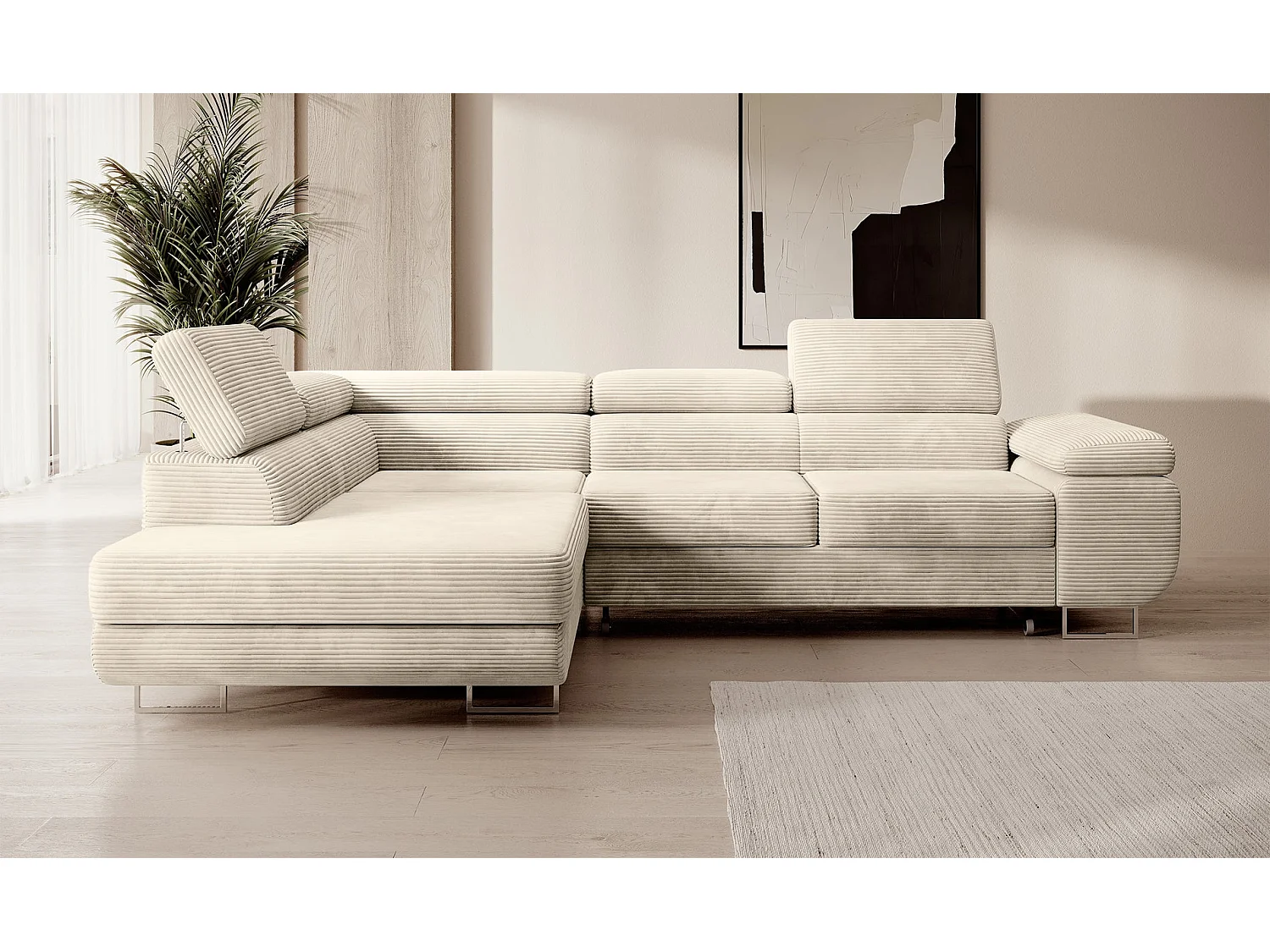 Canapé d’angle avec fonction couchage – angle gauche – Beige clair – Velours côtelé – STEVIL