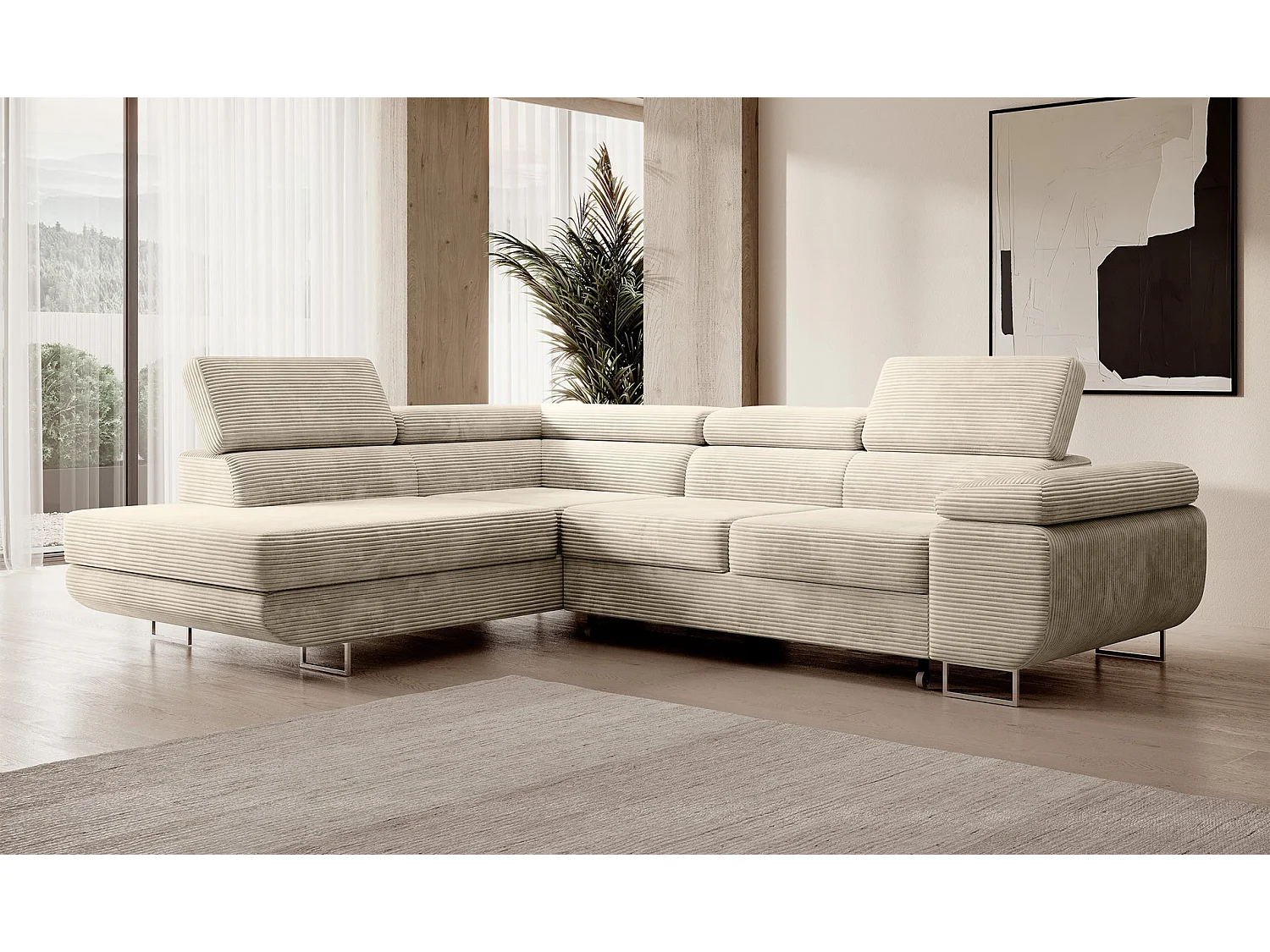 Canapé d’angle avec fonction couchage – angle gauche – Beige clair – Velours côtelé – STEVIL