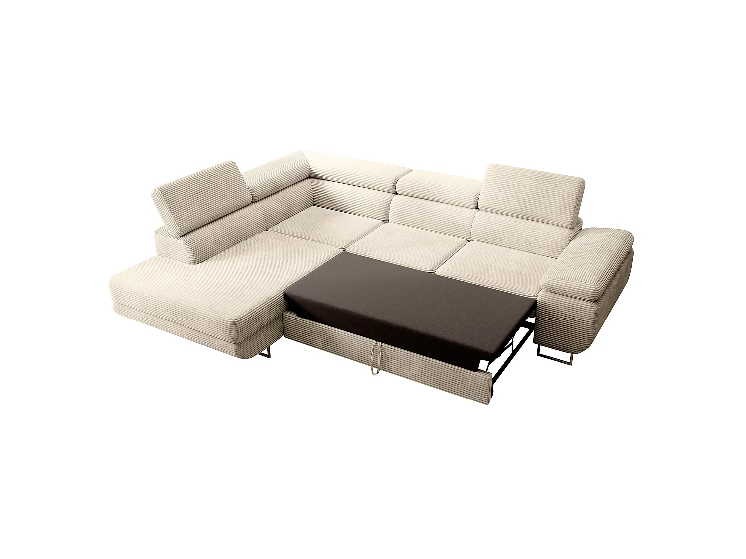 Canapé d’angle avec fonction couchage – angle gauche – Beige clair – Velours côtelé – STEVIL