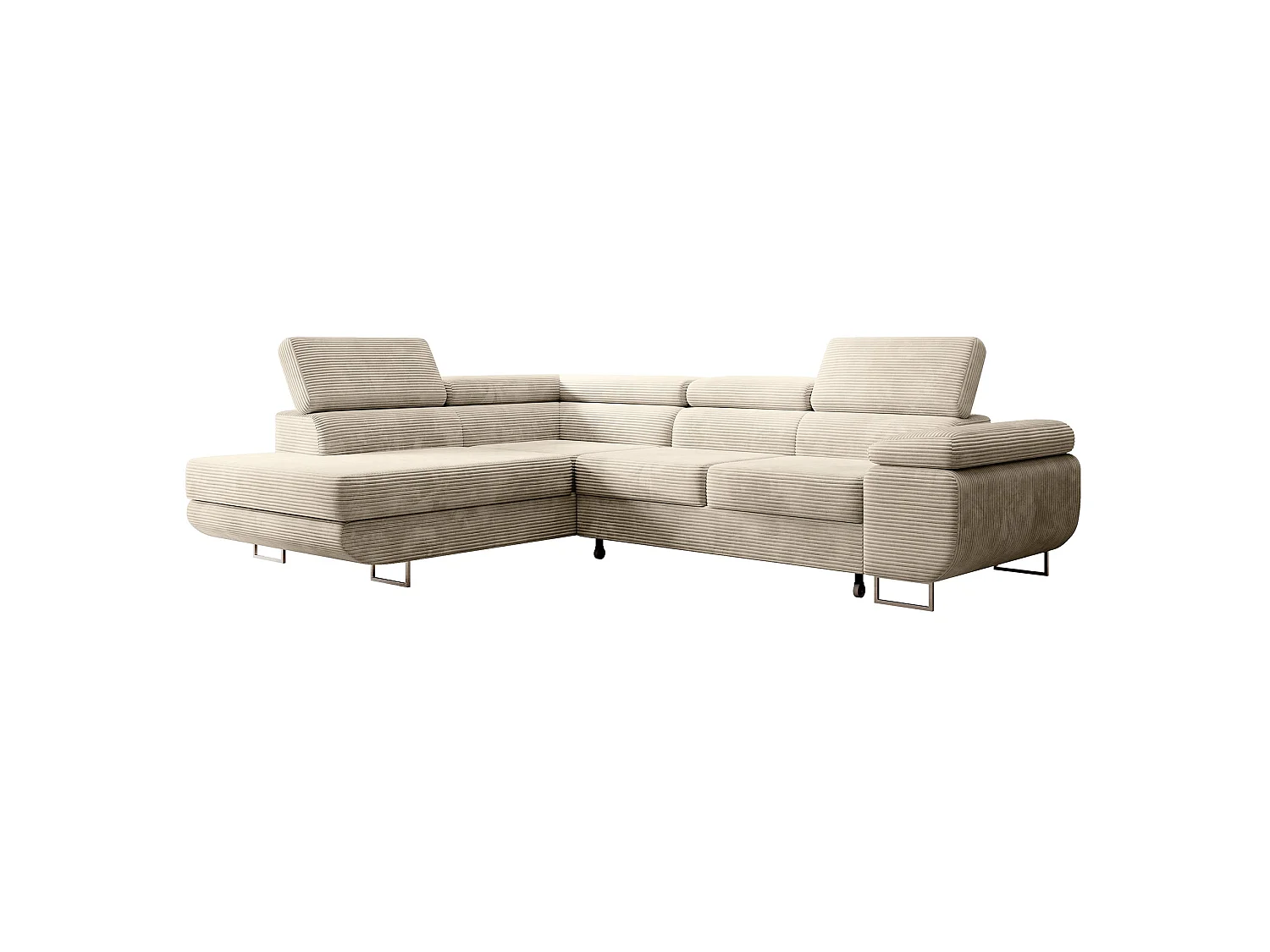 Canapé d’angle avec fonction couchage – angle gauche – Beige clair – Velours côtelé – STEVIL