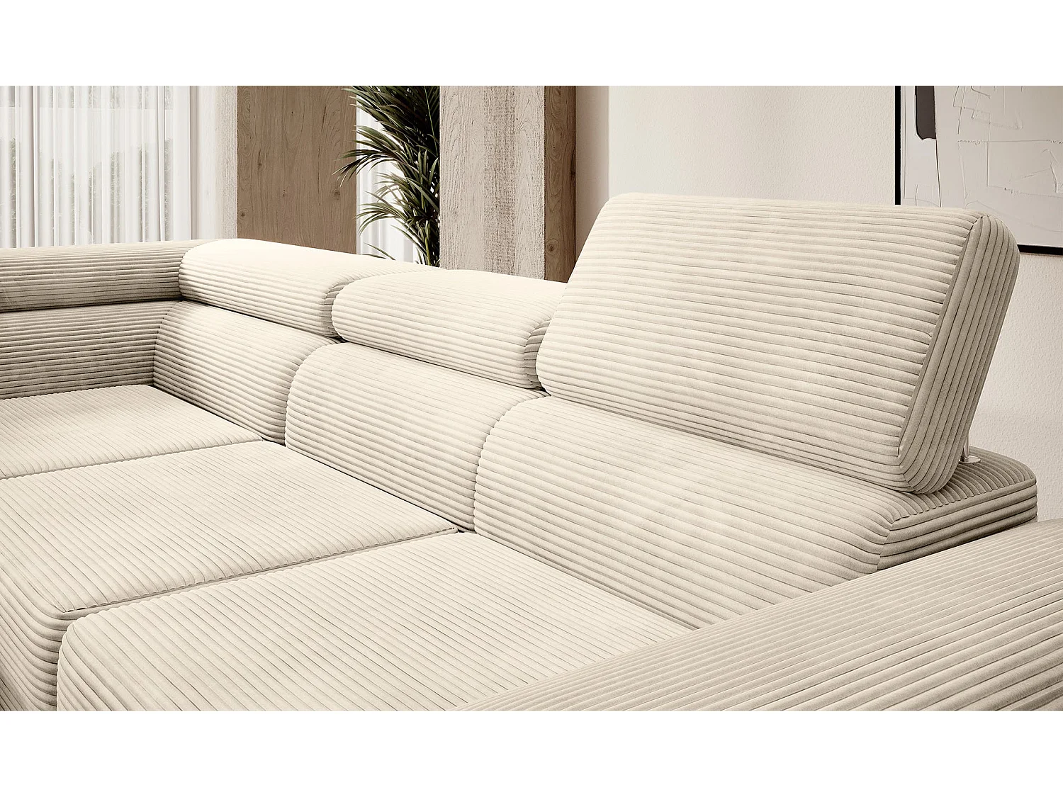 Canapé d’angle avec fonction couchage – angle gauche – Beige clair – Velours côtelé – STEVIL
