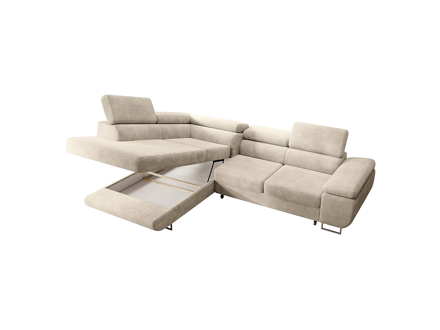 Canapé d’angle avec fonction couchage – angle gauche – Beige clair – Velours côtelé – STEVIL