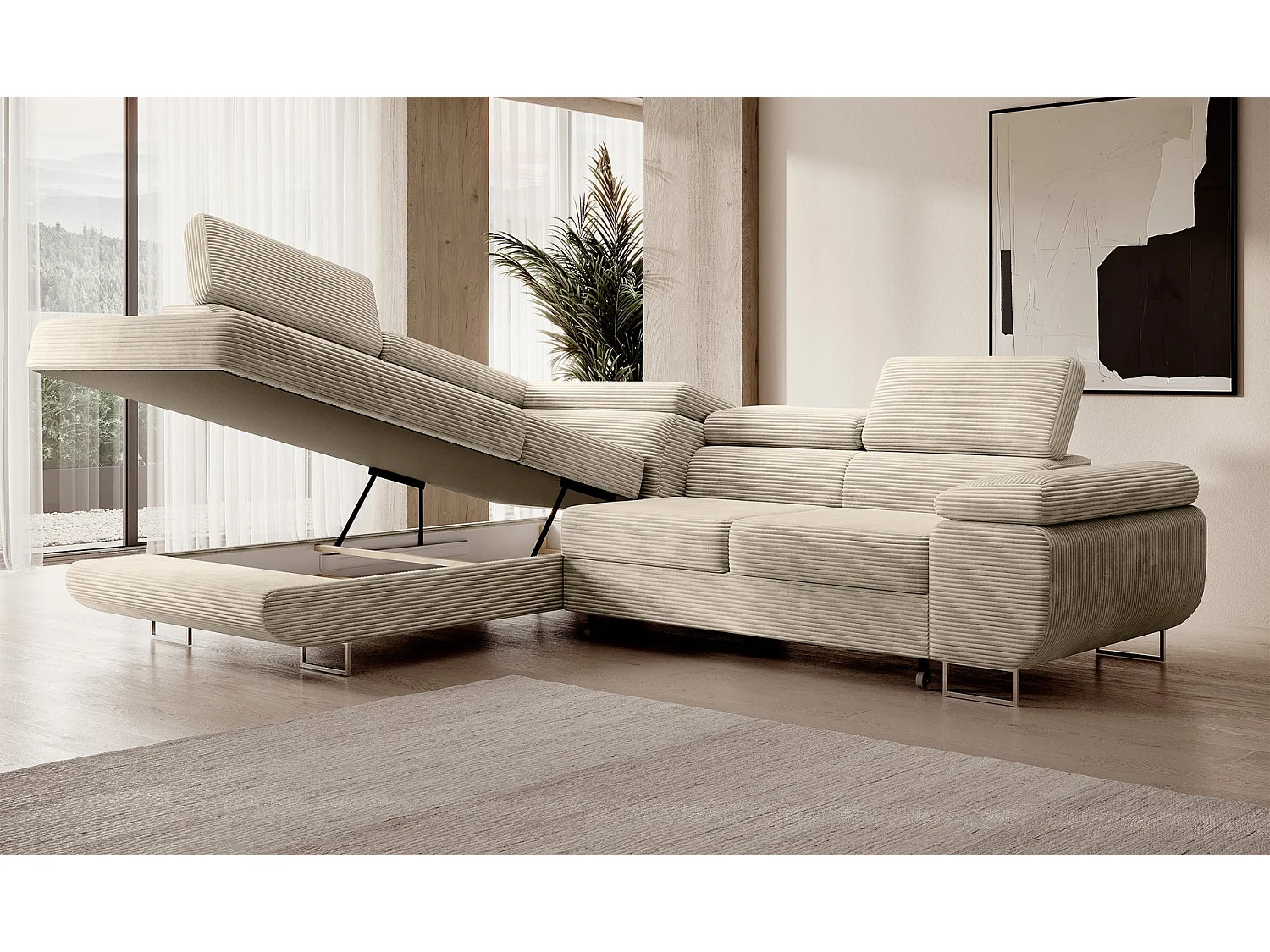 Canapé d’angle avec fonction couchage – angle gauche – Beige clair – Velours côtelé – STEVIL