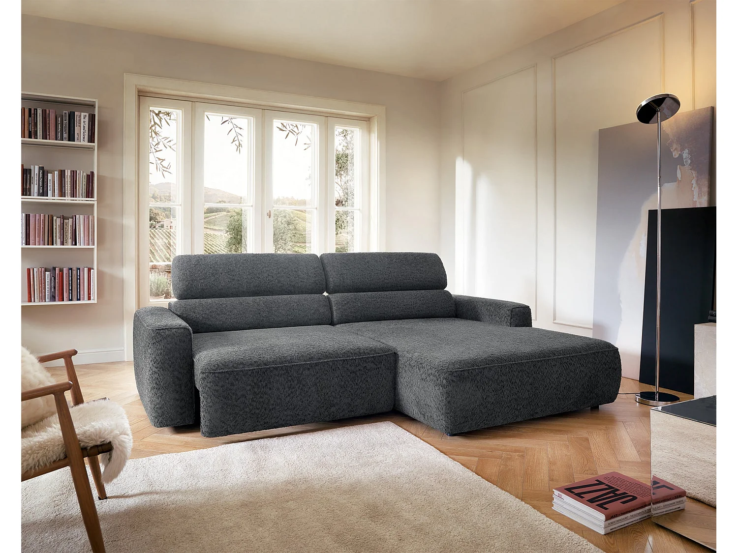 Canapé d’angle avec assise électrique – angle droit – Gris foncé – Chenille – FANDO