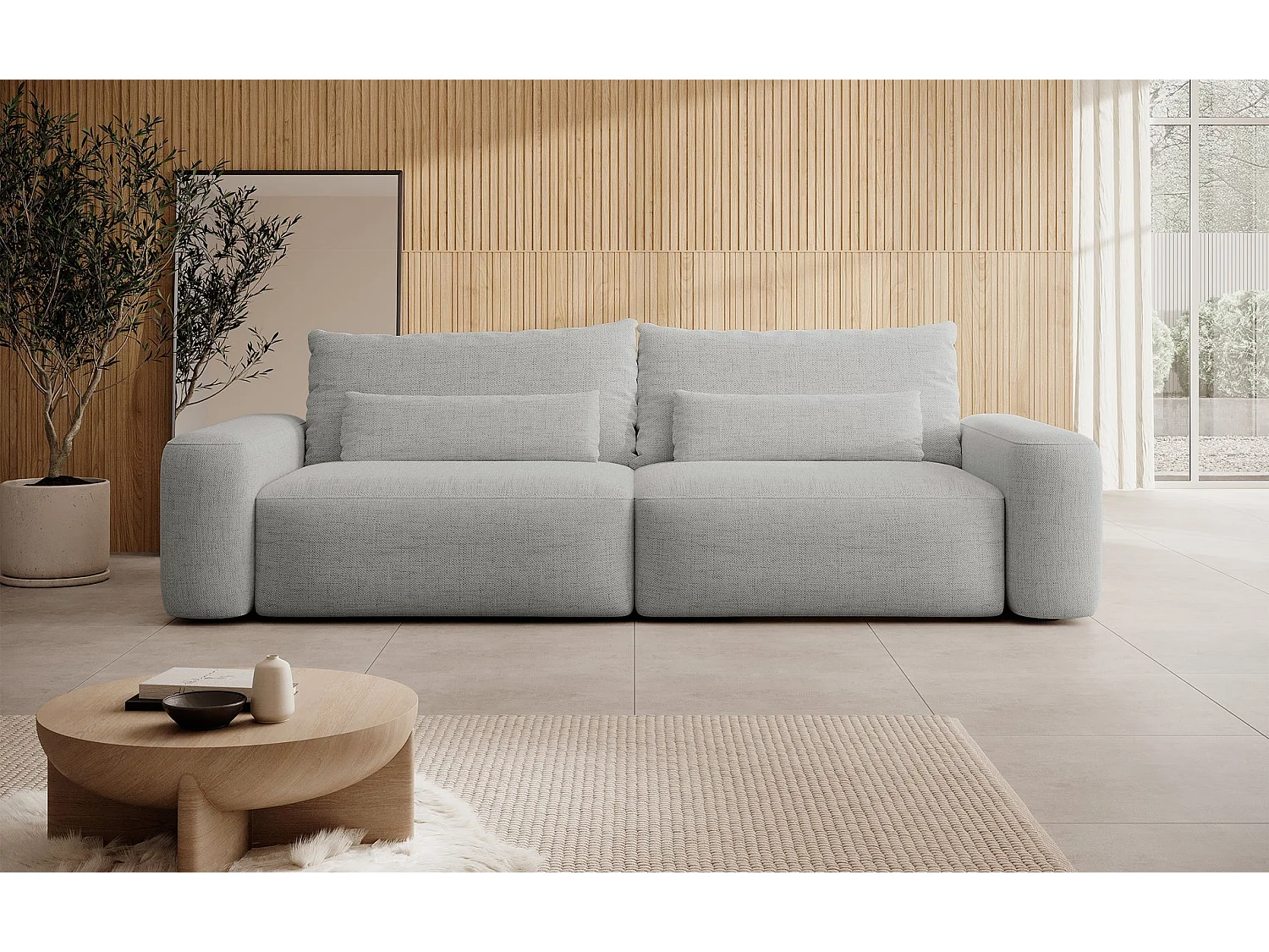 Canapé convertible 3 places - chenille hydrophobe gris - pieds noirs - CARNOS