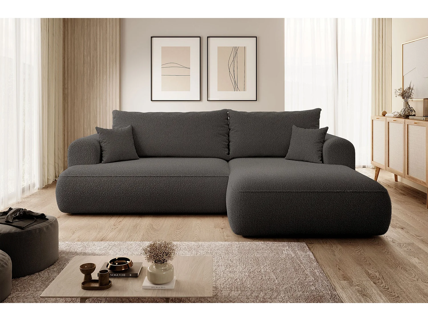 Canapé d’angle avec fonction couchage – angle droit – Gris foncé – Bouclée – OVO