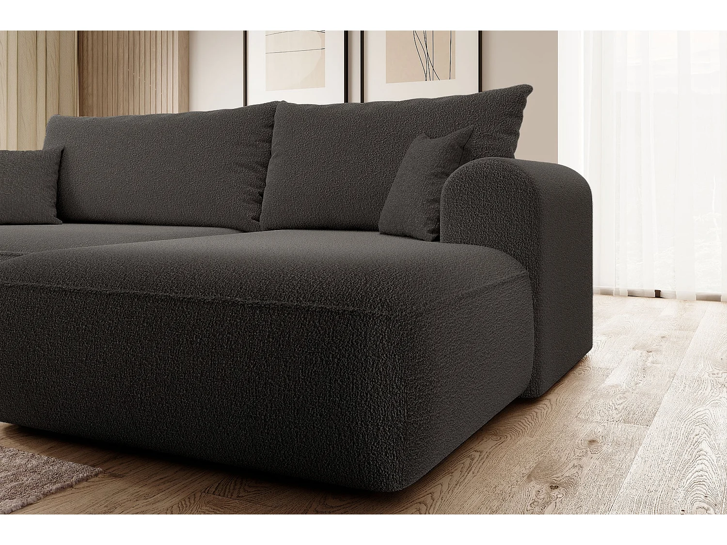 Canapé d’angle avec fonction couchage – angle droit – Gris foncé – Bouclée – OVO