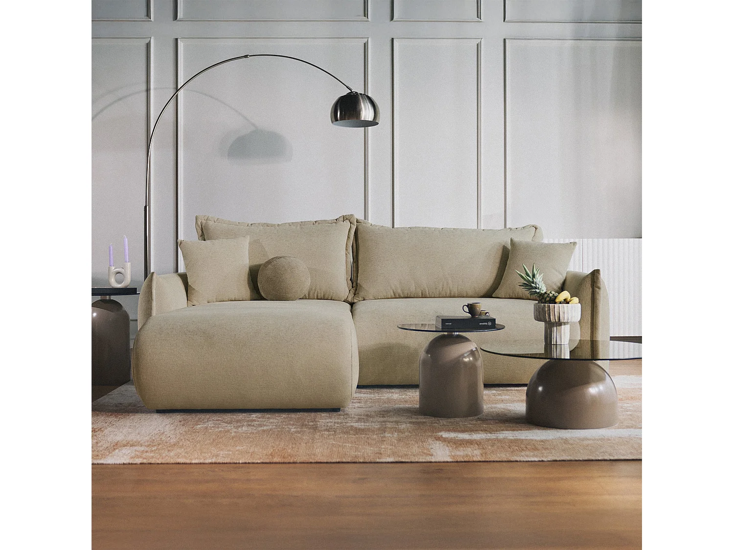 Canapé d'angle convertible – Angle à gauche – chenille beige – CUSHI