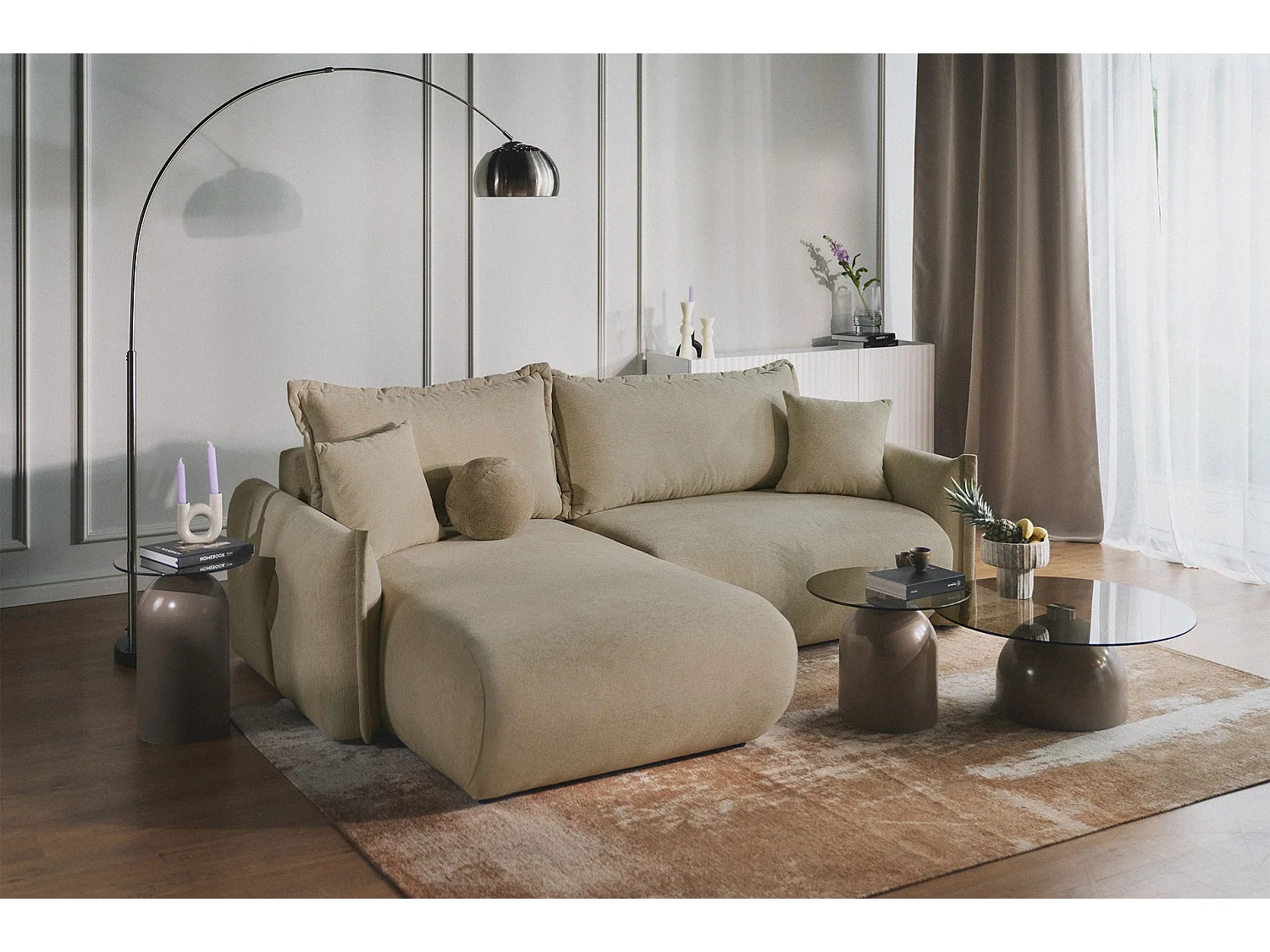 Canapé d'angle convertible – Angle à gauche – chenille beige – CUSHI