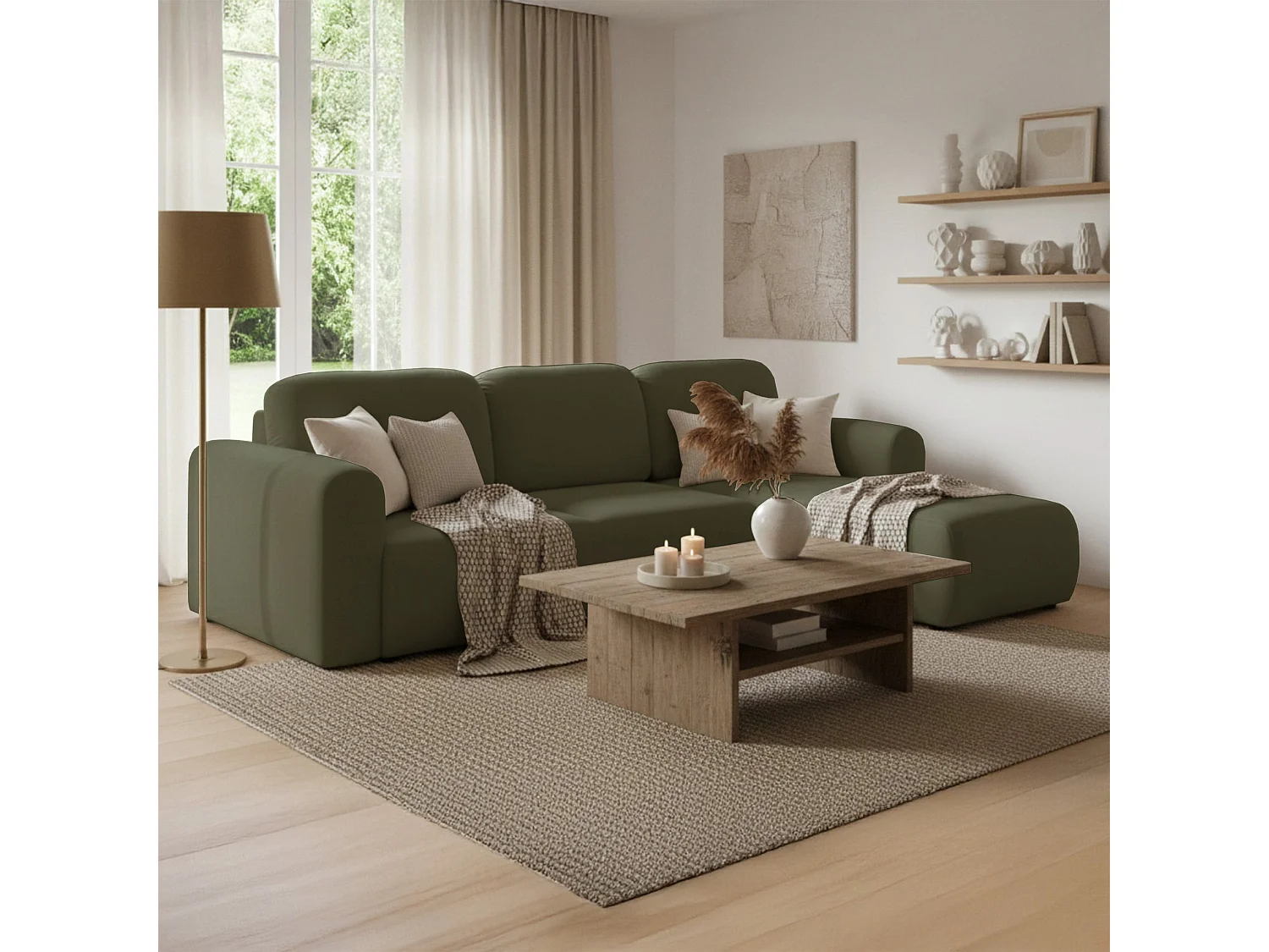 Canapé d'angle convertible – universel – velours olive - OLIDO