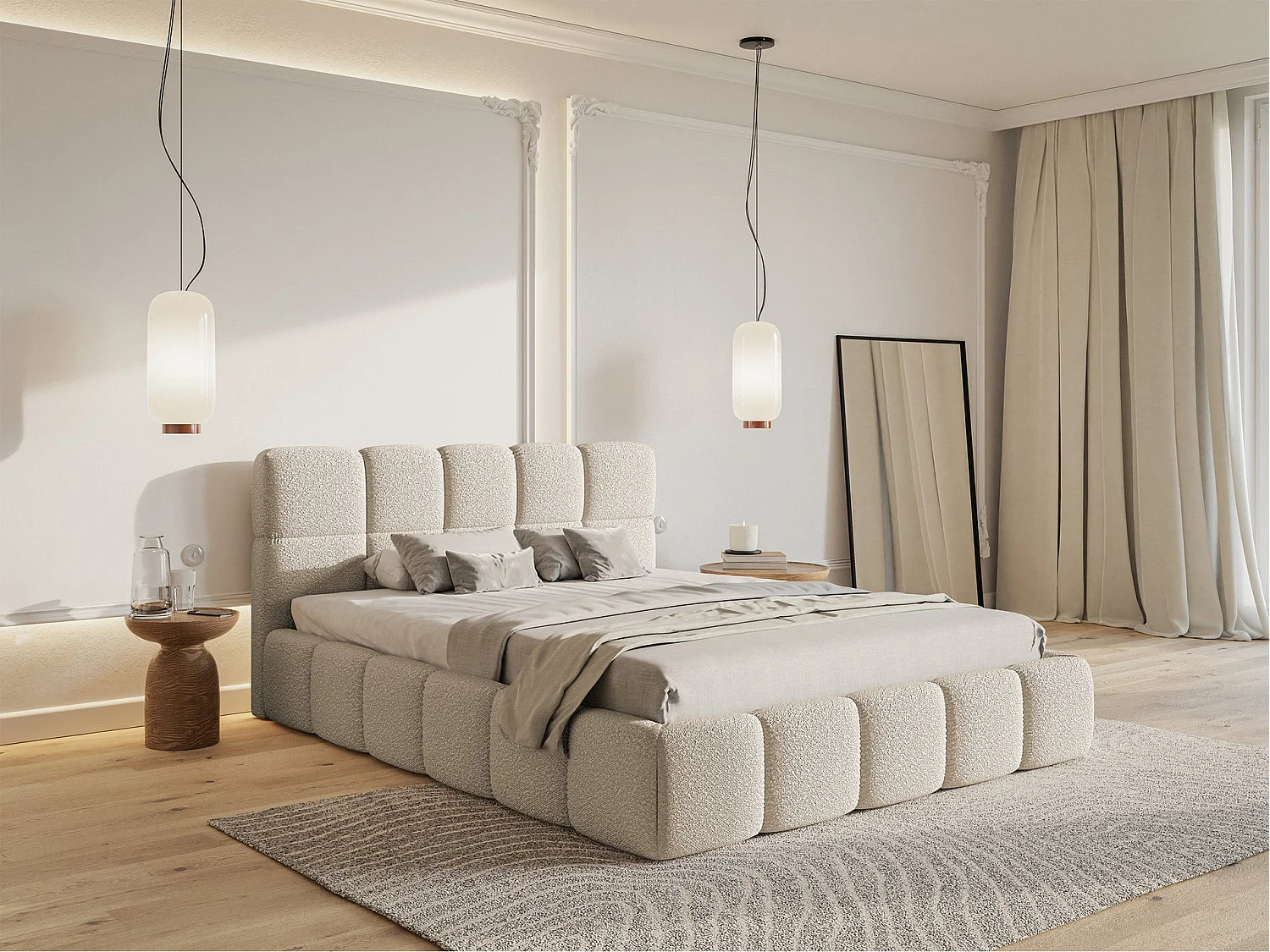 Gestoffeerd bed met opbergruimte 160x200 cm – Bouclé Lichtbeige – CLOUDY