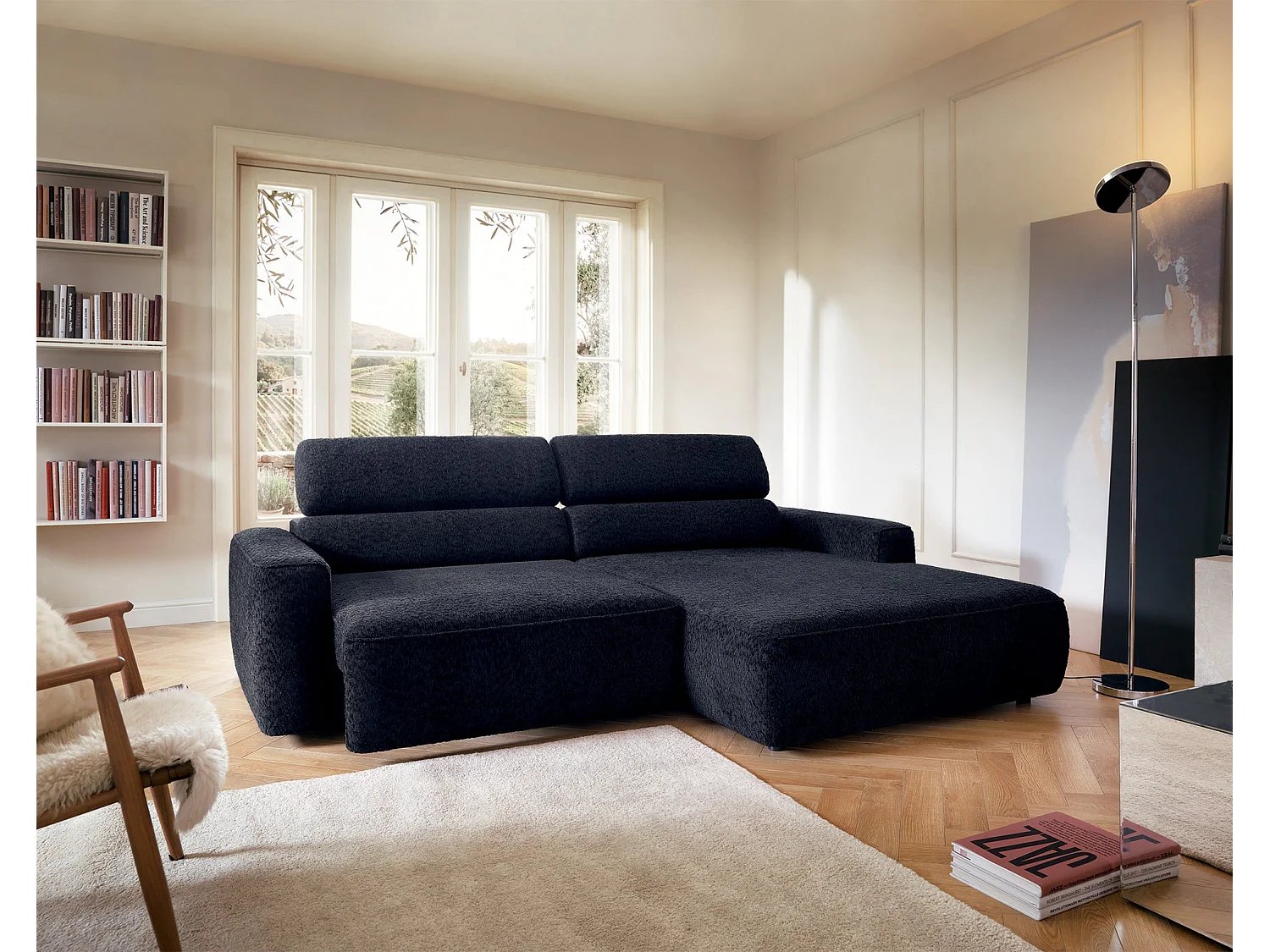 Canapé d’angle avec assise électrique – angle droit – Bleu marine – Chenille – FANDO