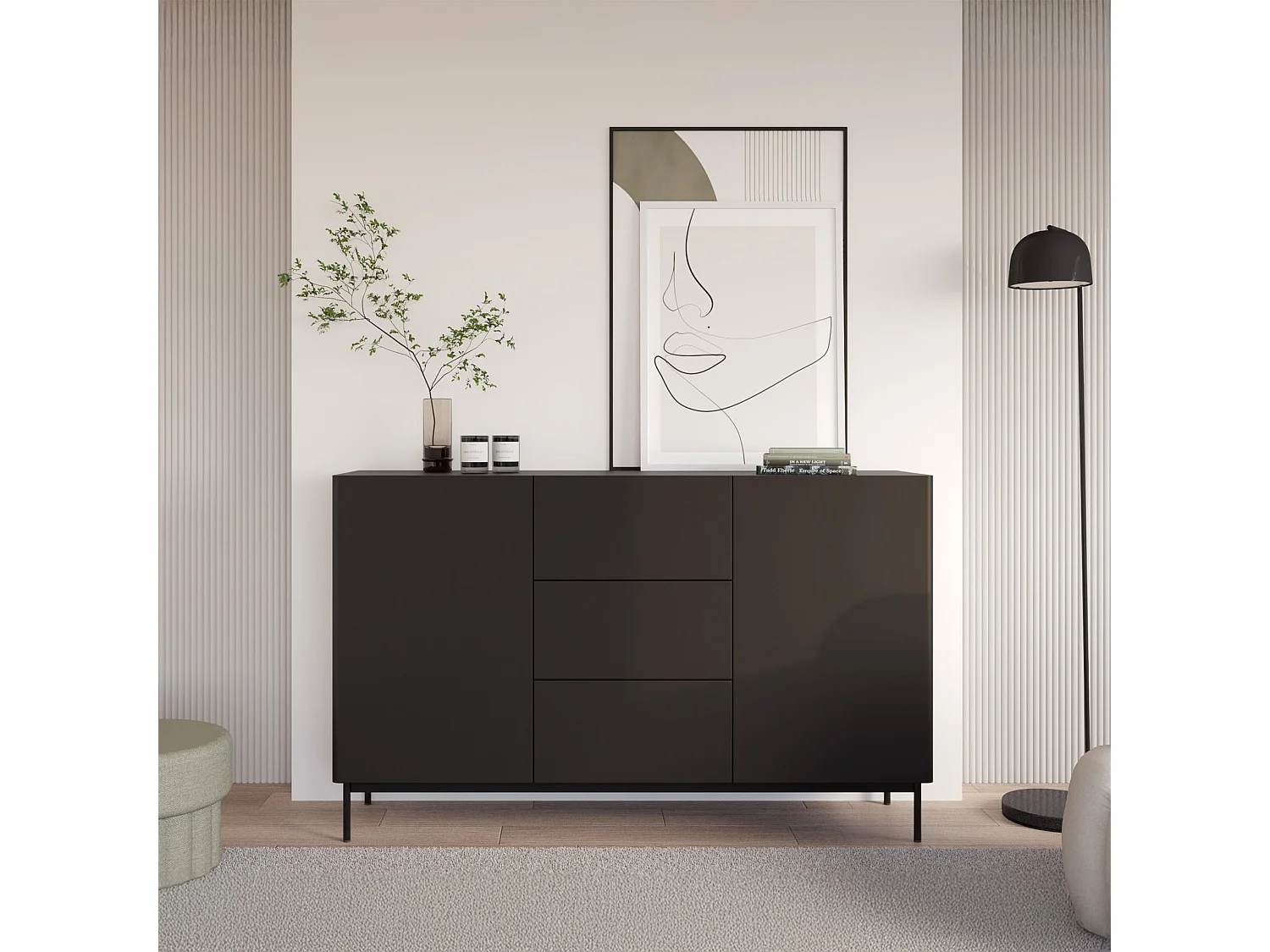 Buffet avec 2 portes et 3 tiroirs - 160 cm - noir - OLIO