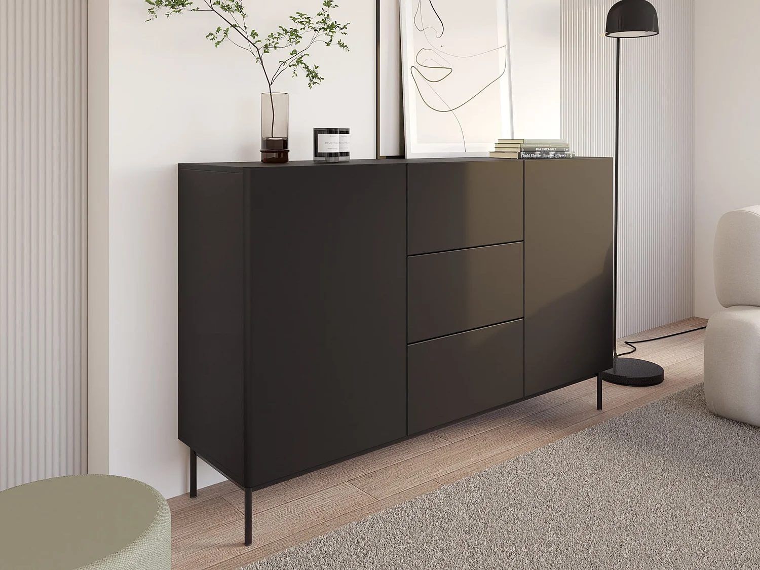 Buffet avec 2 portes et 3 tiroirs - 160 cm - noir - OLIO