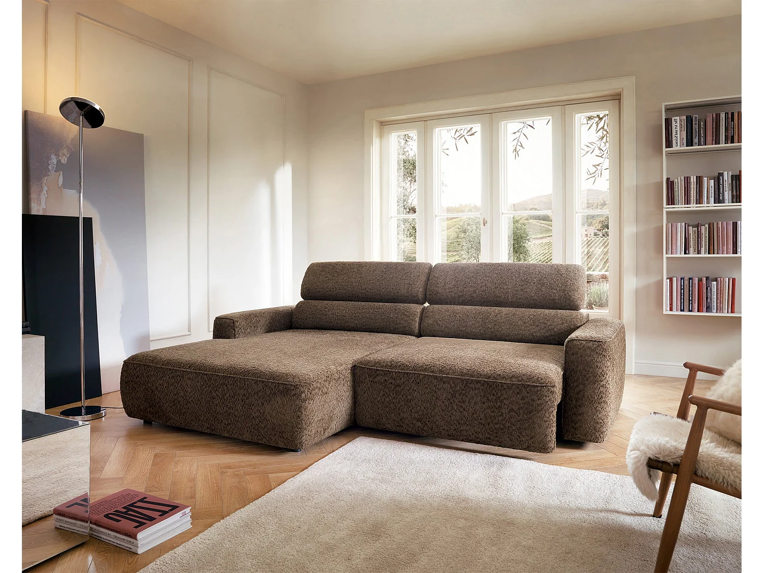 Canapé d’angle avec assise électrique – angle gauche – Marron clair – Chenille – FANDO