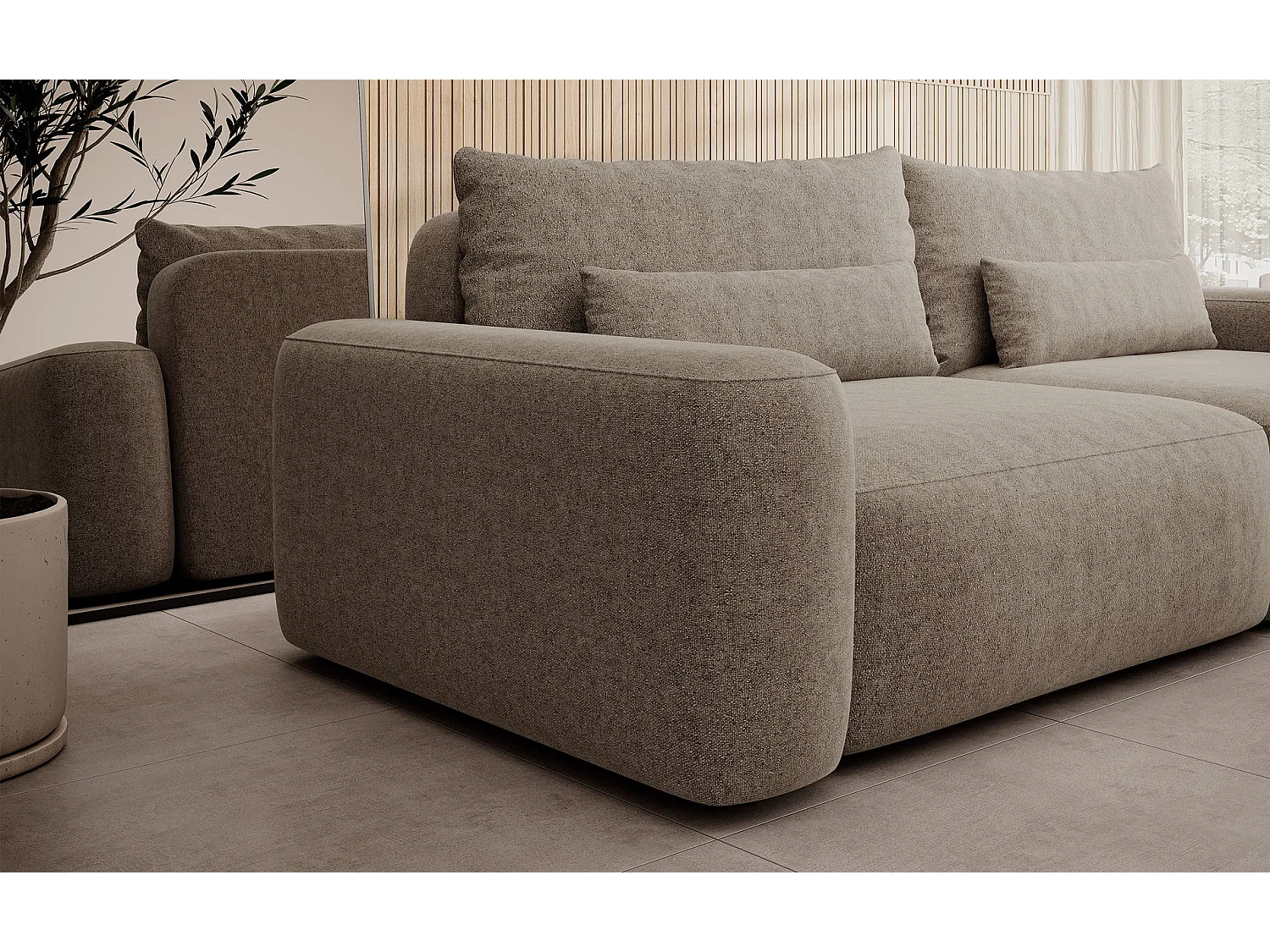 Canapé convertible 3 places - chenille hydrophobe marron clair - pieds noirs - CARNOS