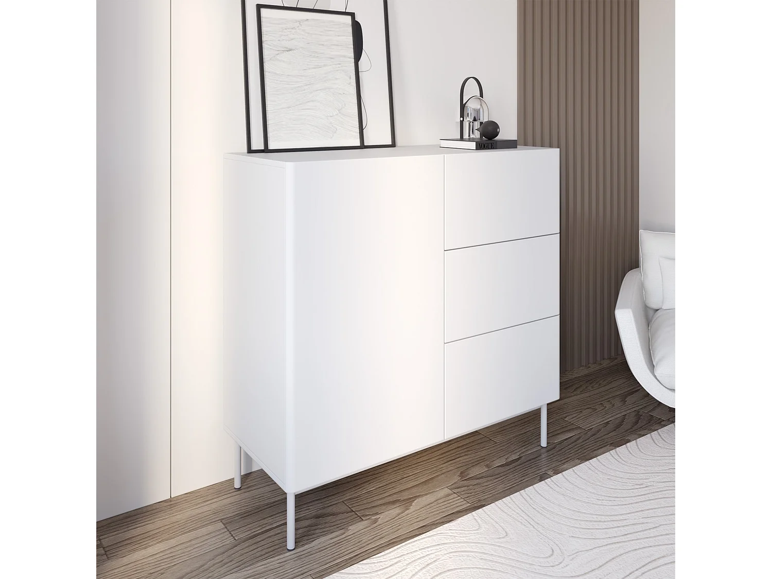 Buffet avec 1 porte et 3 tiroirs - 100 cm - blanc - OLIO