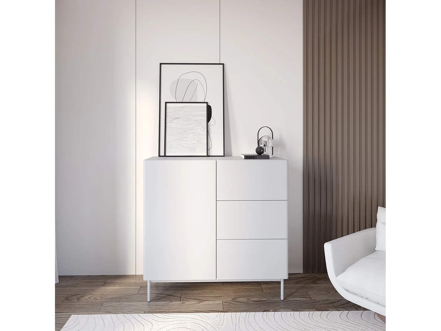 Buffet avec 1 porte et 3 tiroirs - 100 cm - blanc - OLIO