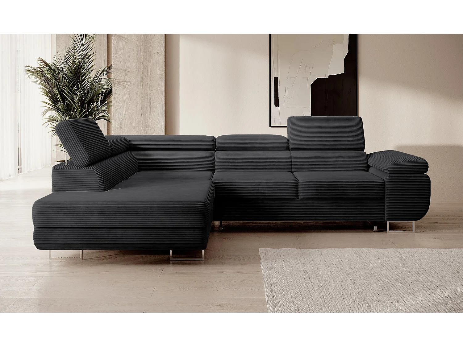 Canapé d’angle avec fonction couchage – angle gauche – Noir – Velours côtelé – STEVIL