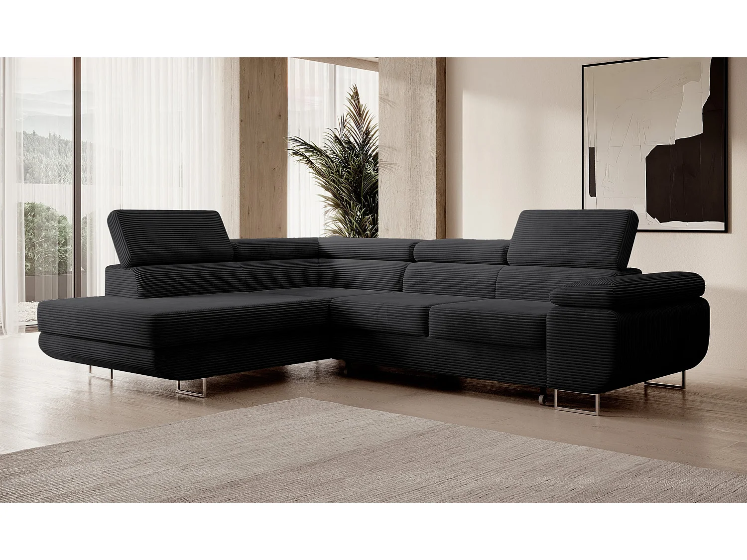 Canapé d’angle avec fonction couchage – angle gauche – Noir – Velours côtelé – STEVIL