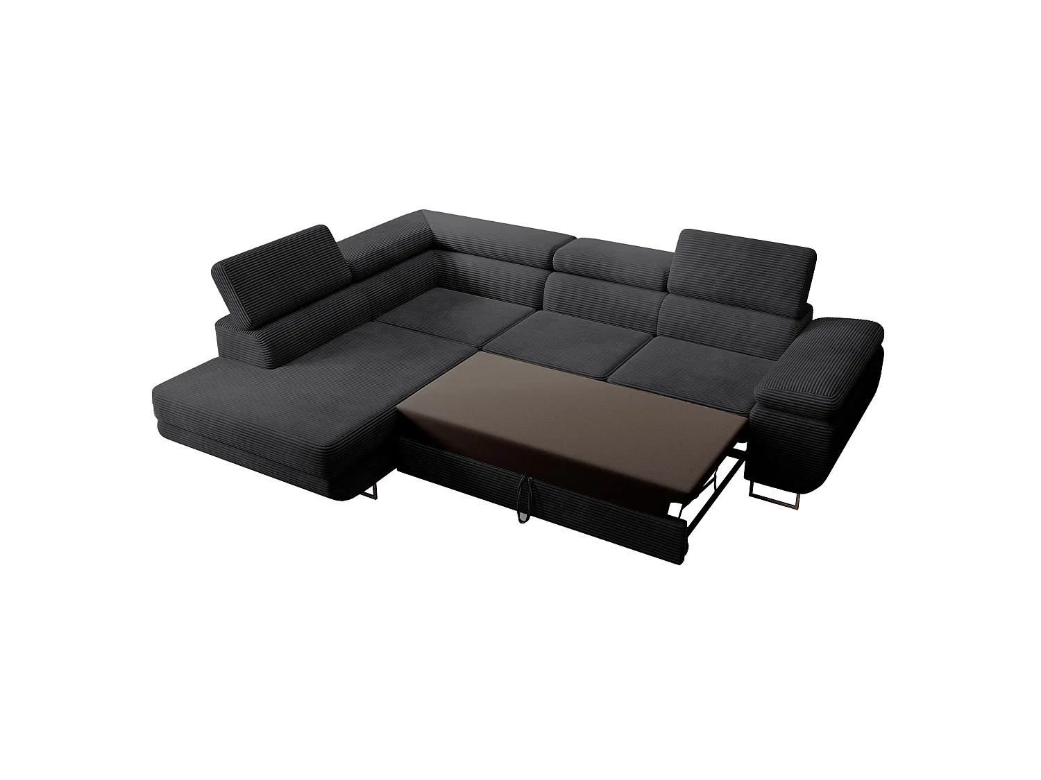 Canapé d’angle avec fonction couchage – angle gauche – Noir – Velours côtelé – STEVIL