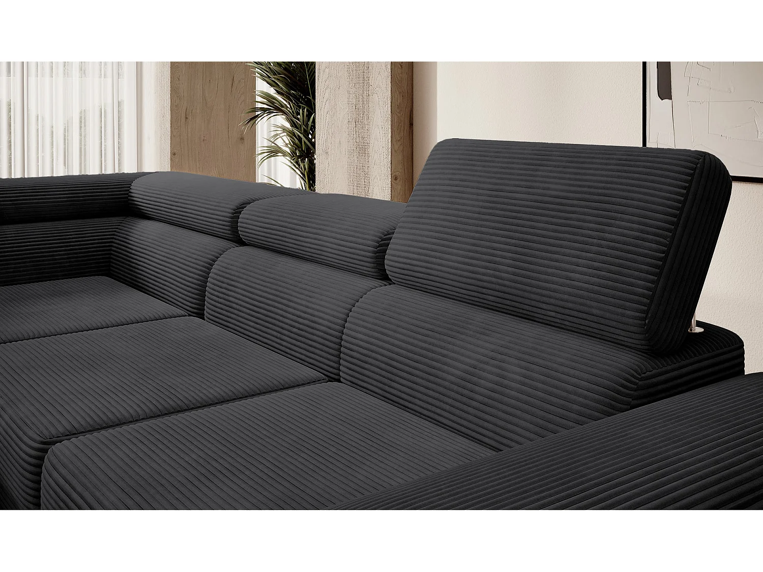 Canapé d’angle avec fonction couchage – angle gauche – Noir – Velours côtelé – STEVIL