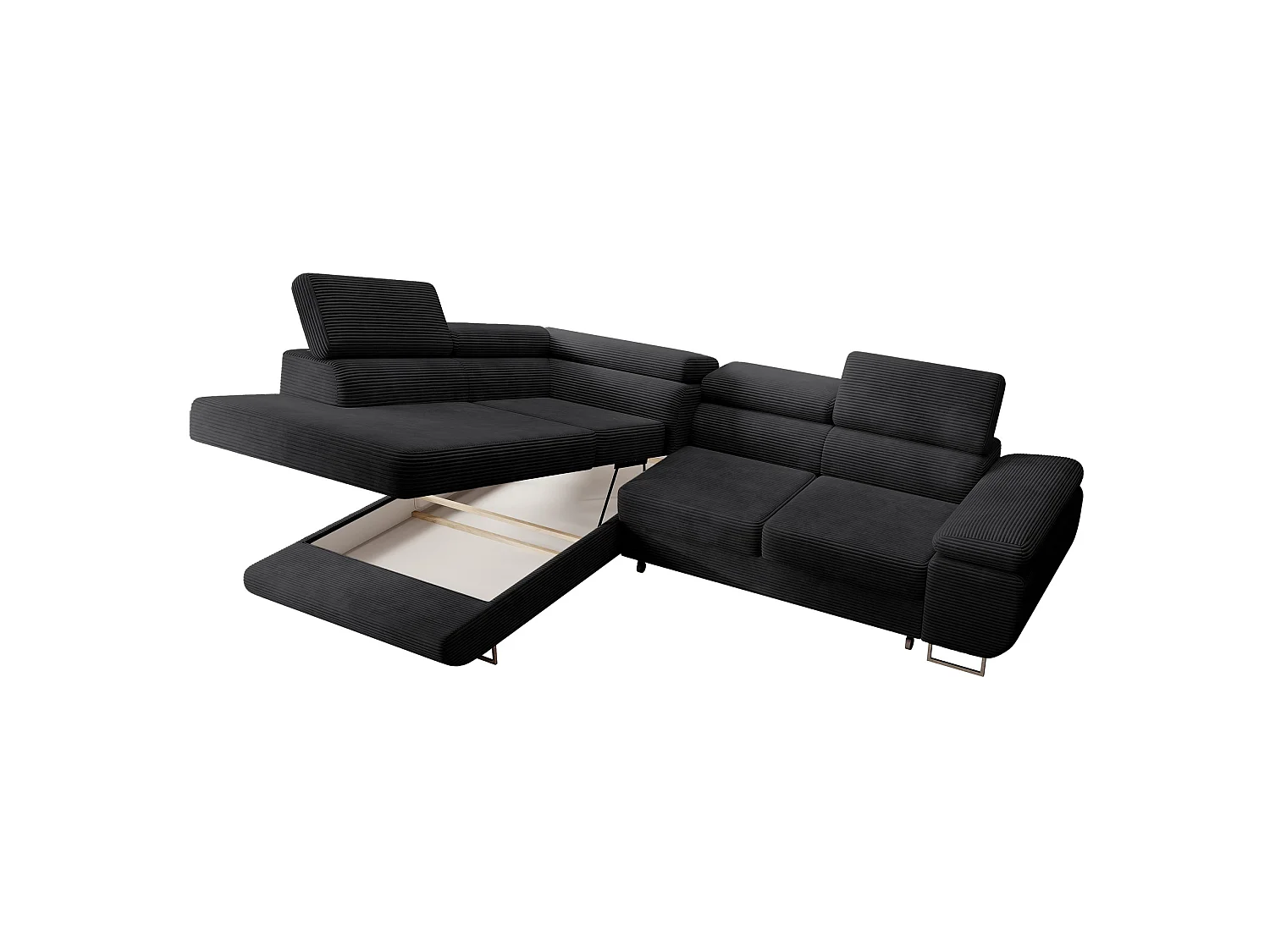 Canapé d’angle avec fonction couchage – angle gauche – Noir – Velours côtelé – STEVIL
