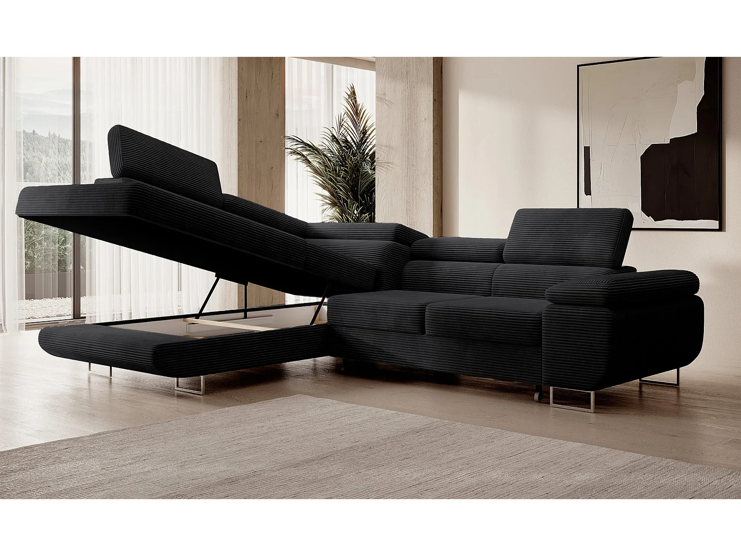 Canapé d’angle avec fonction couchage – angle gauche – Noir – Velours côtelé – STEVIL