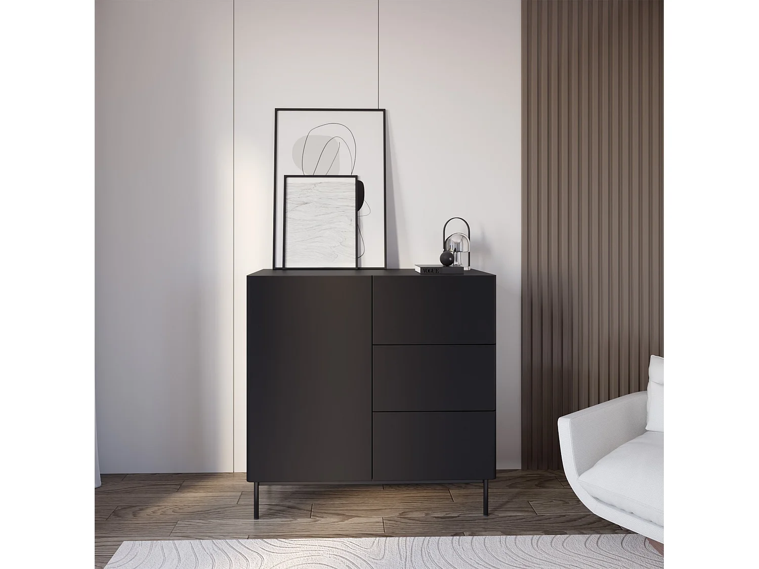 Buffet avec 1 porte et 3 tiroirs - 100 cm - noir - OLIO