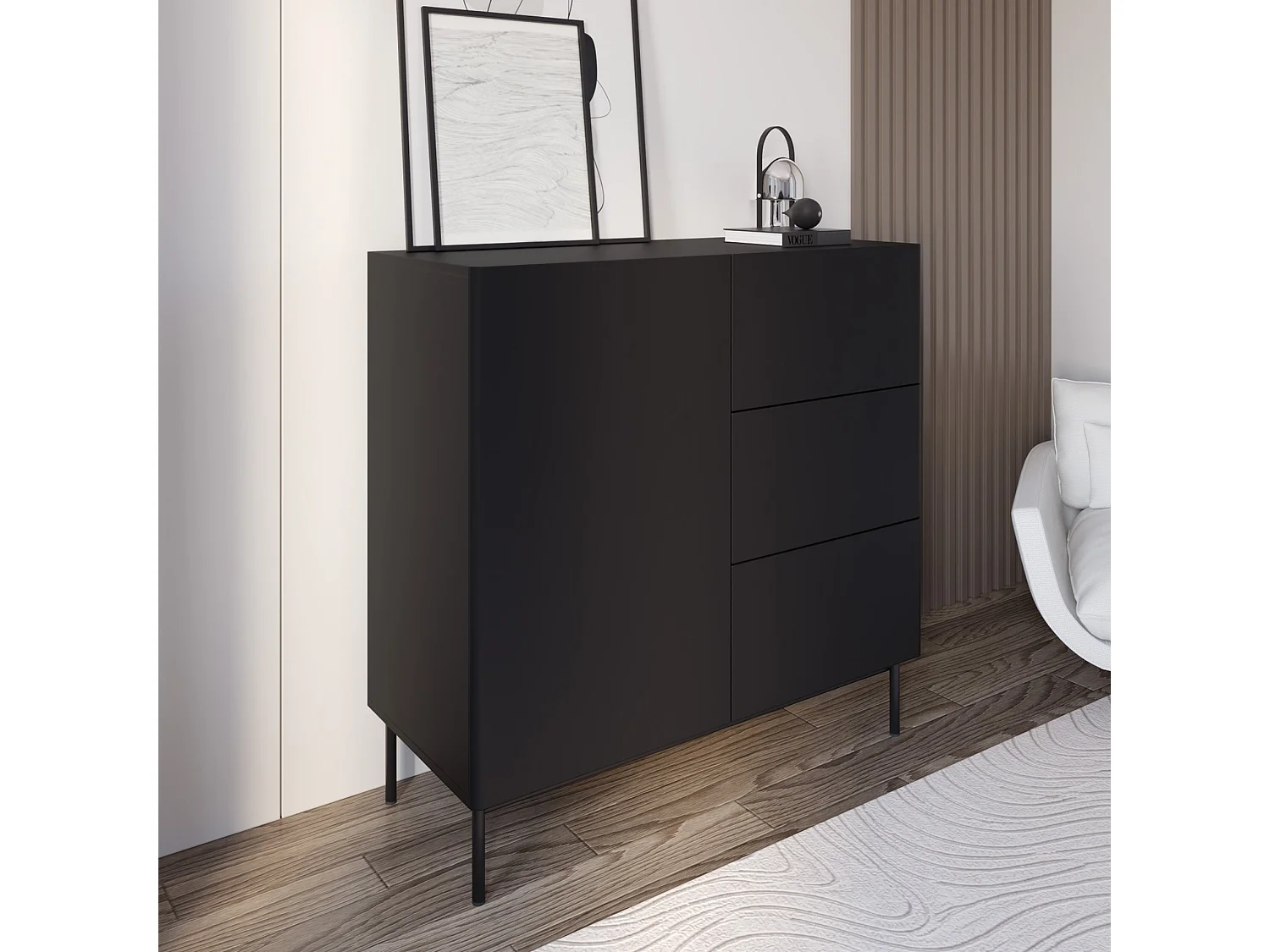 Buffet avec 1 porte et 3 tiroirs - 100 cm - noir - OLIO