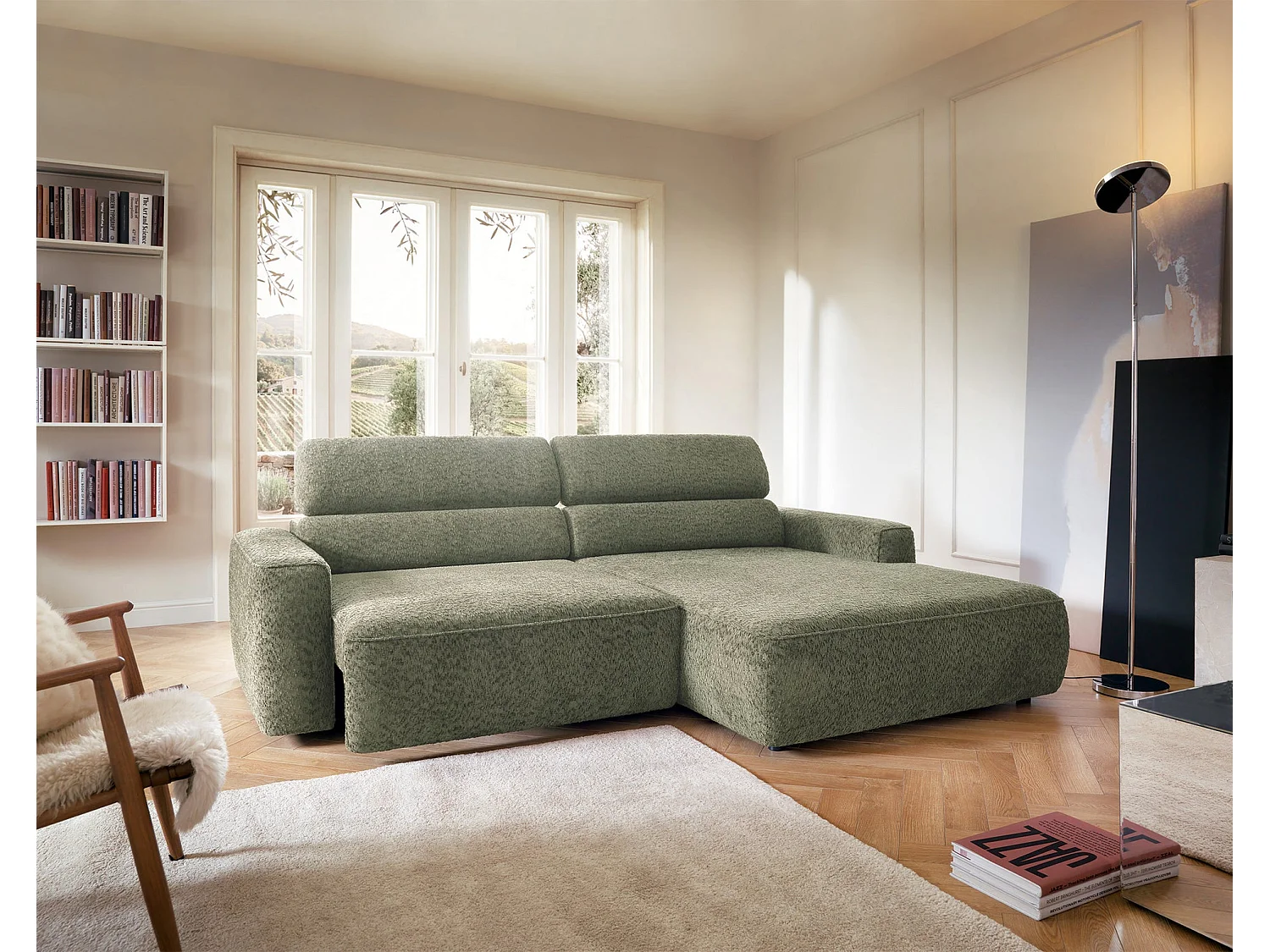 Canapé d’angle avec assise électrique – angle droit – Vert sauge – Chenille – FANDO
