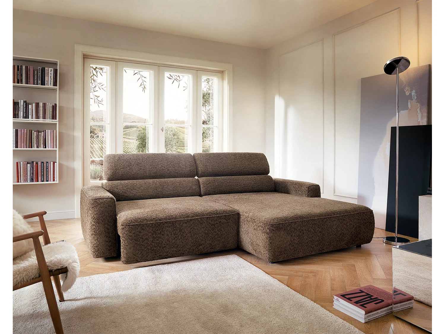 Canapé d’angle avec assise électrique – angle droit – Marron clair – Chenille – FANDO