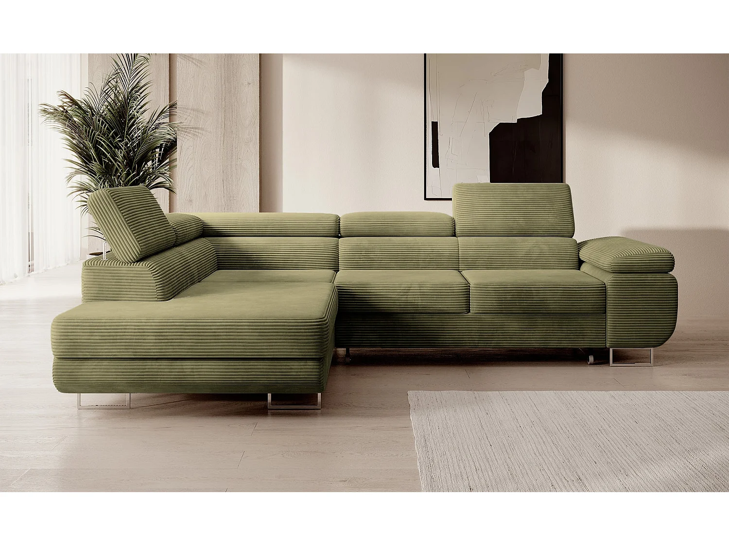 Canapé d’angle avec fonction couchage – angle gauche – Vert olive – Velours côtelé – STEVIL