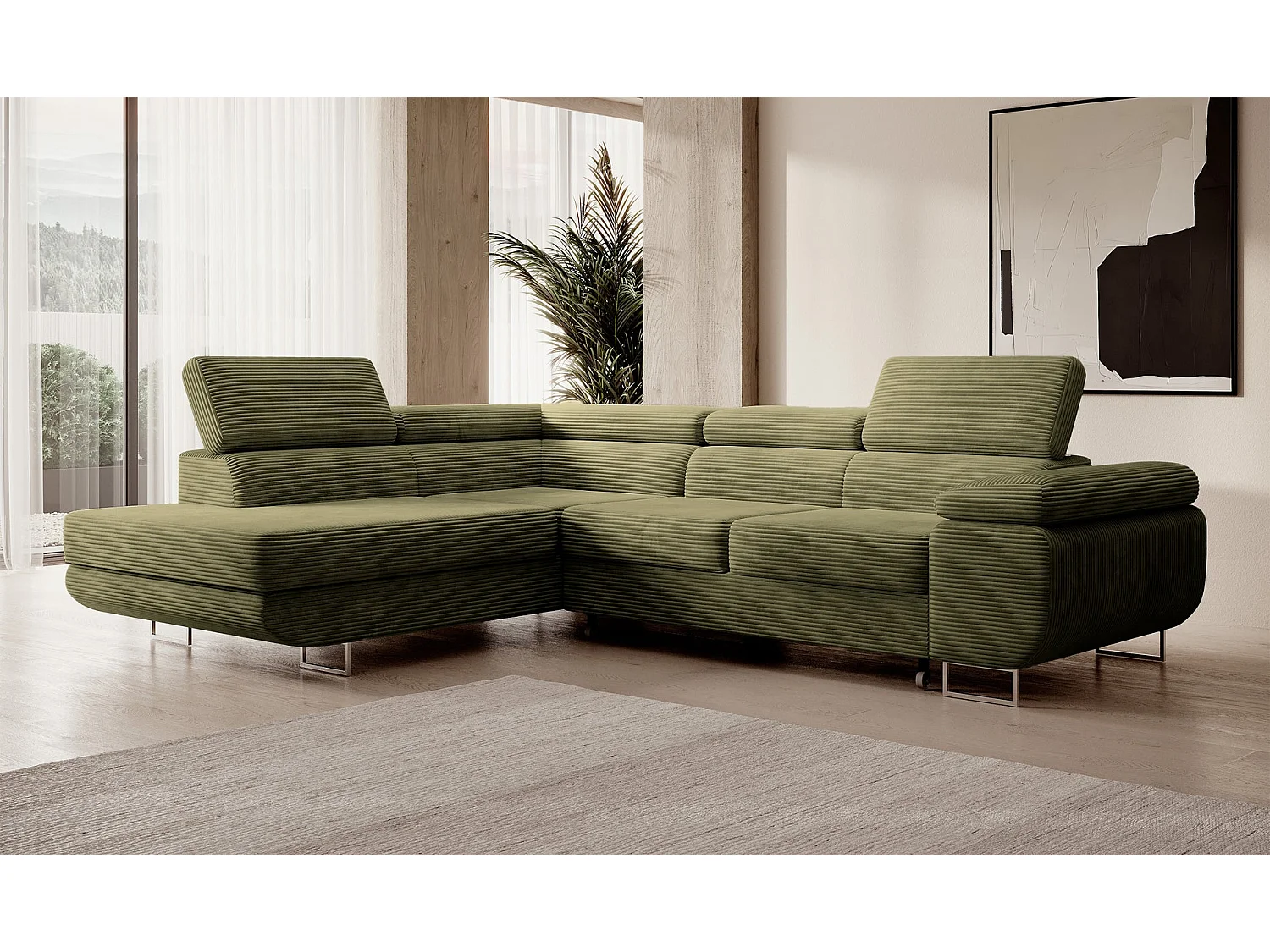 Canapé d’angle avec fonction couchage – angle gauche – Vert olive – Velours côtelé – STEVIL
