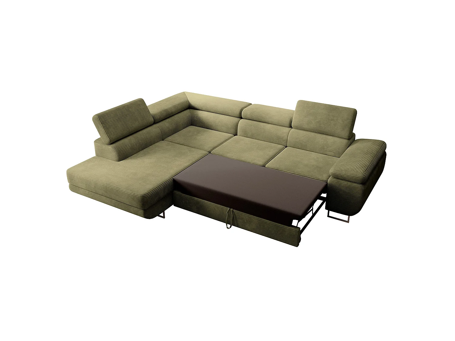 Canapé d’angle avec fonction couchage – angle gauche – Vert olive – Velours côtelé – STEVIL