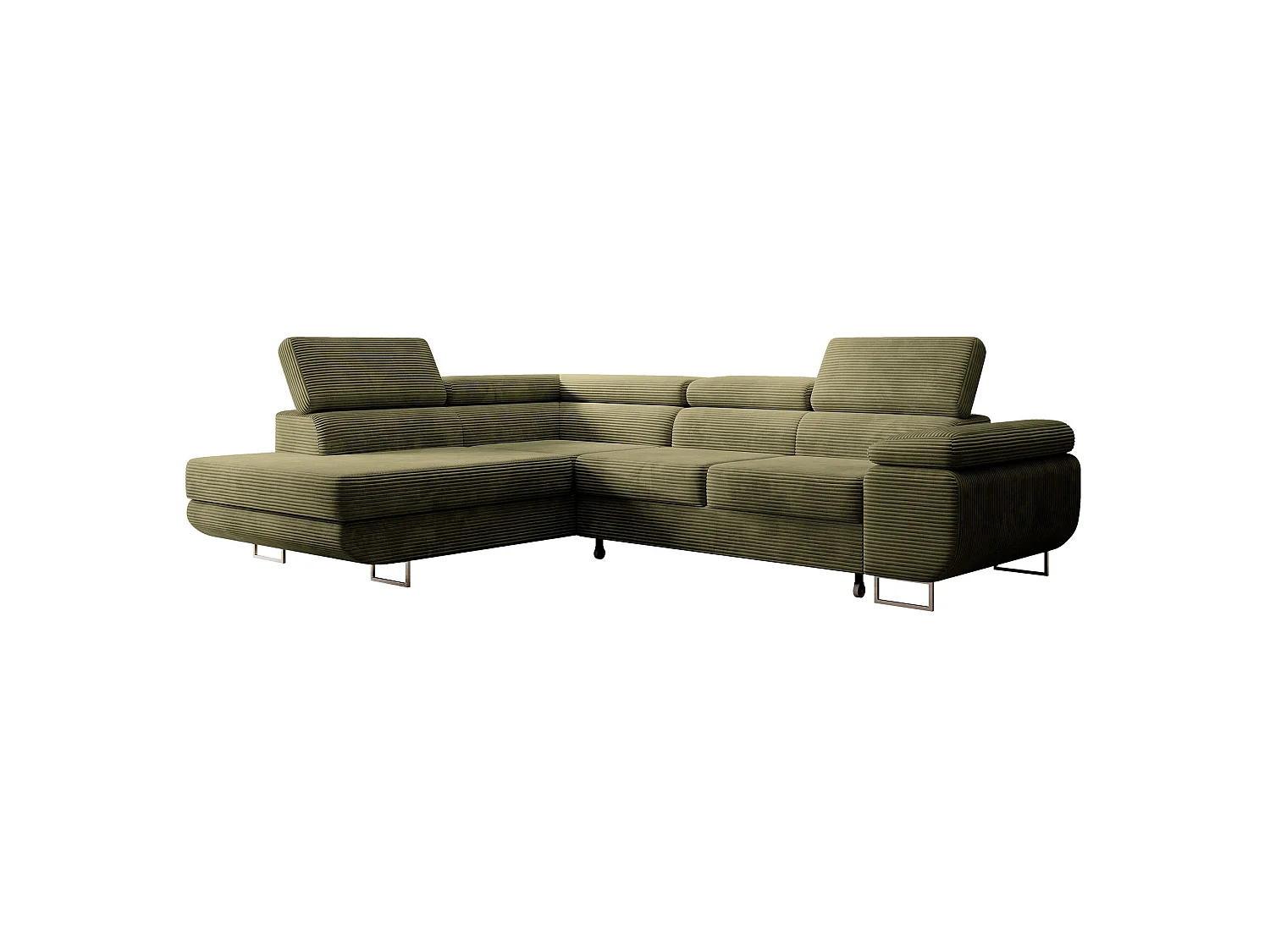 Canapé d’angle avec fonction couchage – angle gauche – Vert olive – Velours côtelé – STEVIL