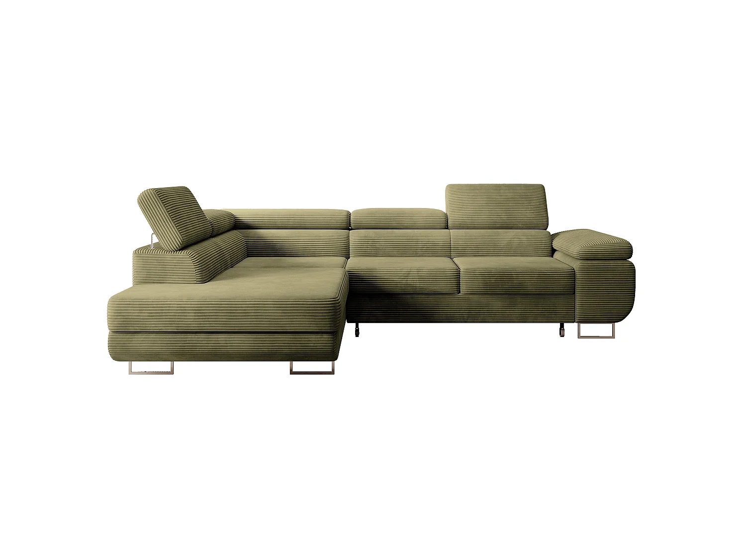 Canapé d’angle avec fonction couchage – angle gauche – Vert olive – Velours côtelé – STEVIL
