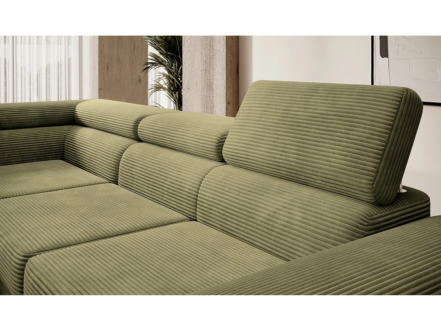 Canapé d’angle avec fonction couchage – angle gauche – Vert olive – Velours côtelé – STEVIL