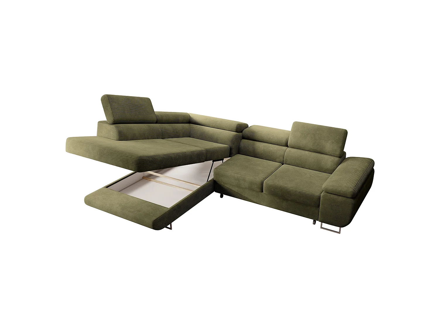 Canapé d’angle avec fonction couchage – angle gauche – Vert olive – Velours côtelé – STEVIL