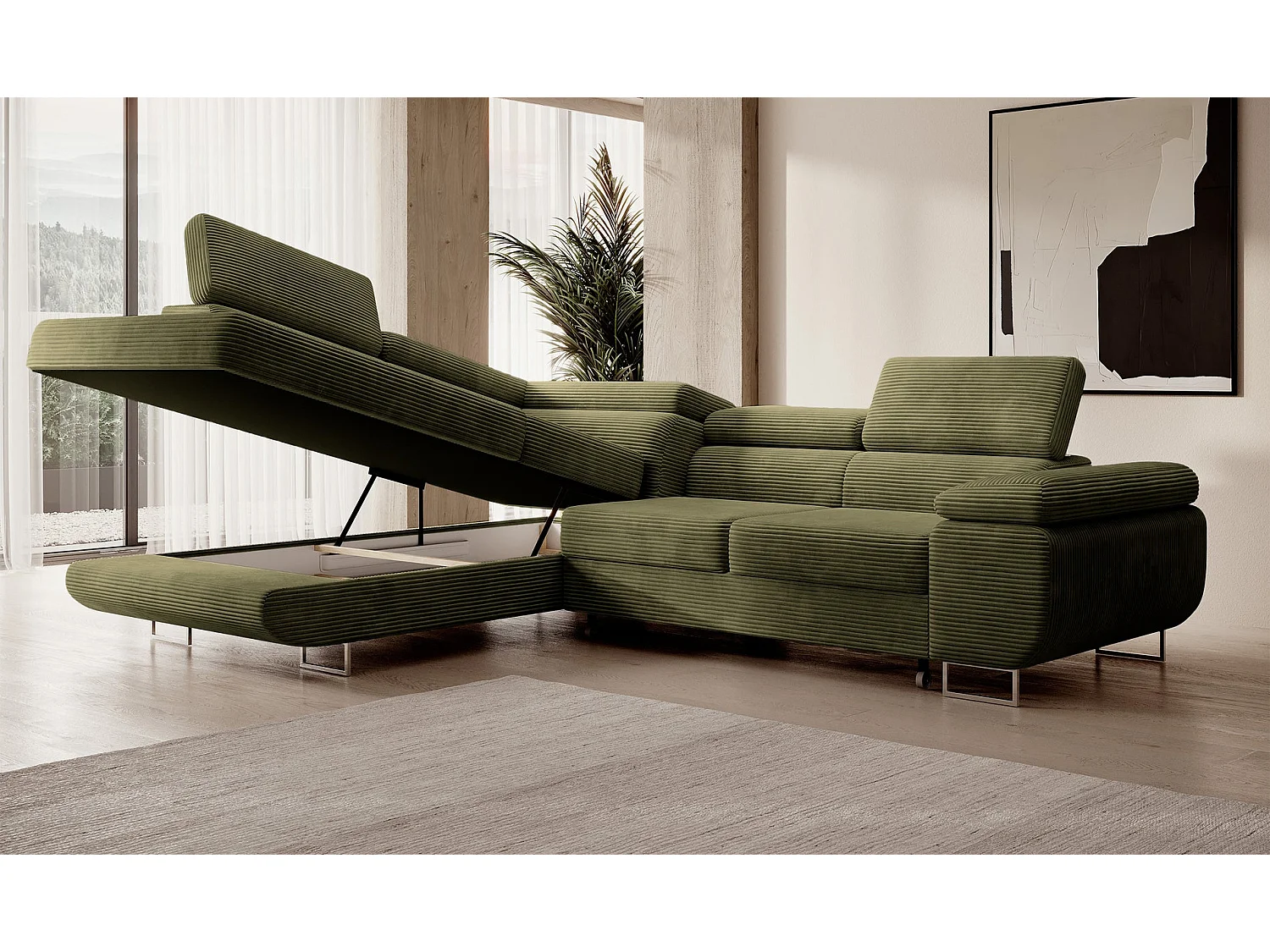 Canapé d’angle avec fonction couchage – angle gauche – Vert olive – Velours côtelé – STEVIL
